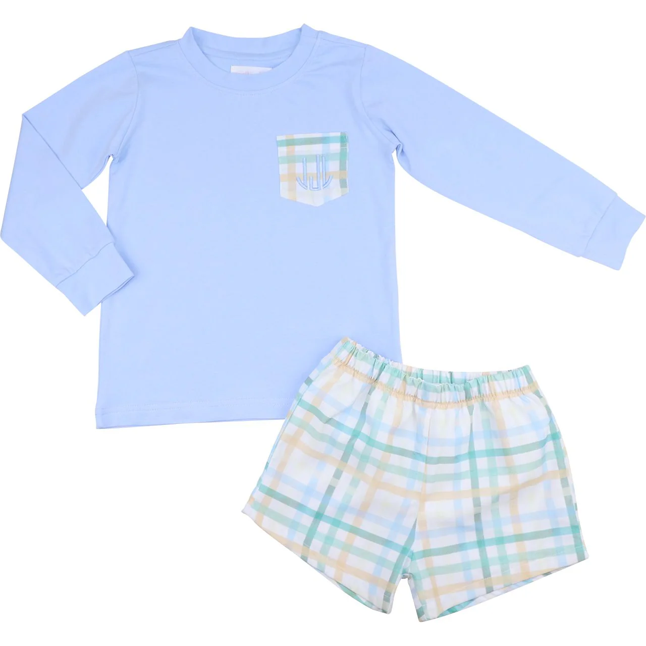 Blue And Green Plaid Pocket Short Set