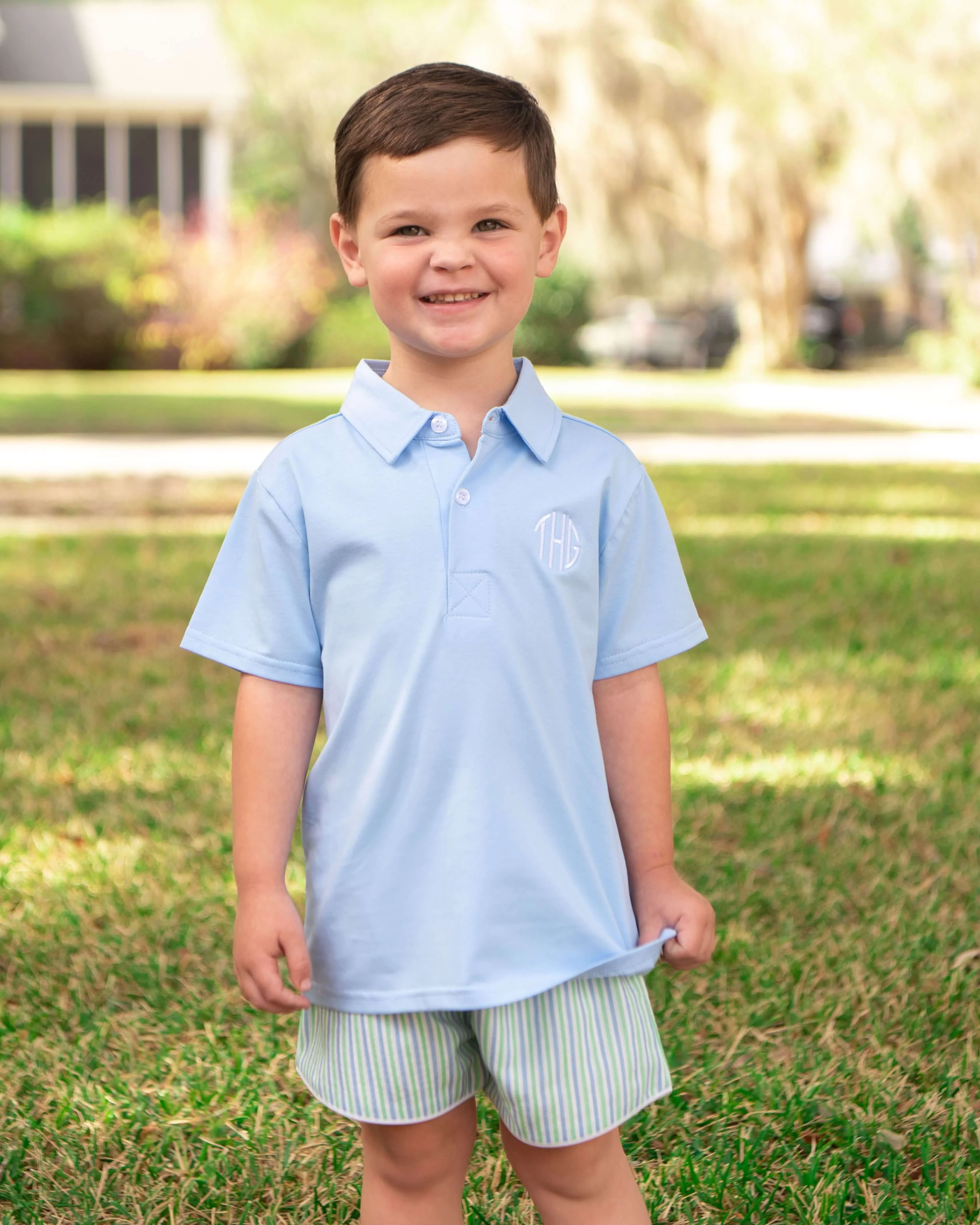 Blue And Green Seersucker Polo Short Set - Image 2