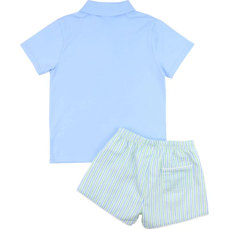 Blue And Green Seersucker Polo Short Set - Image 3
