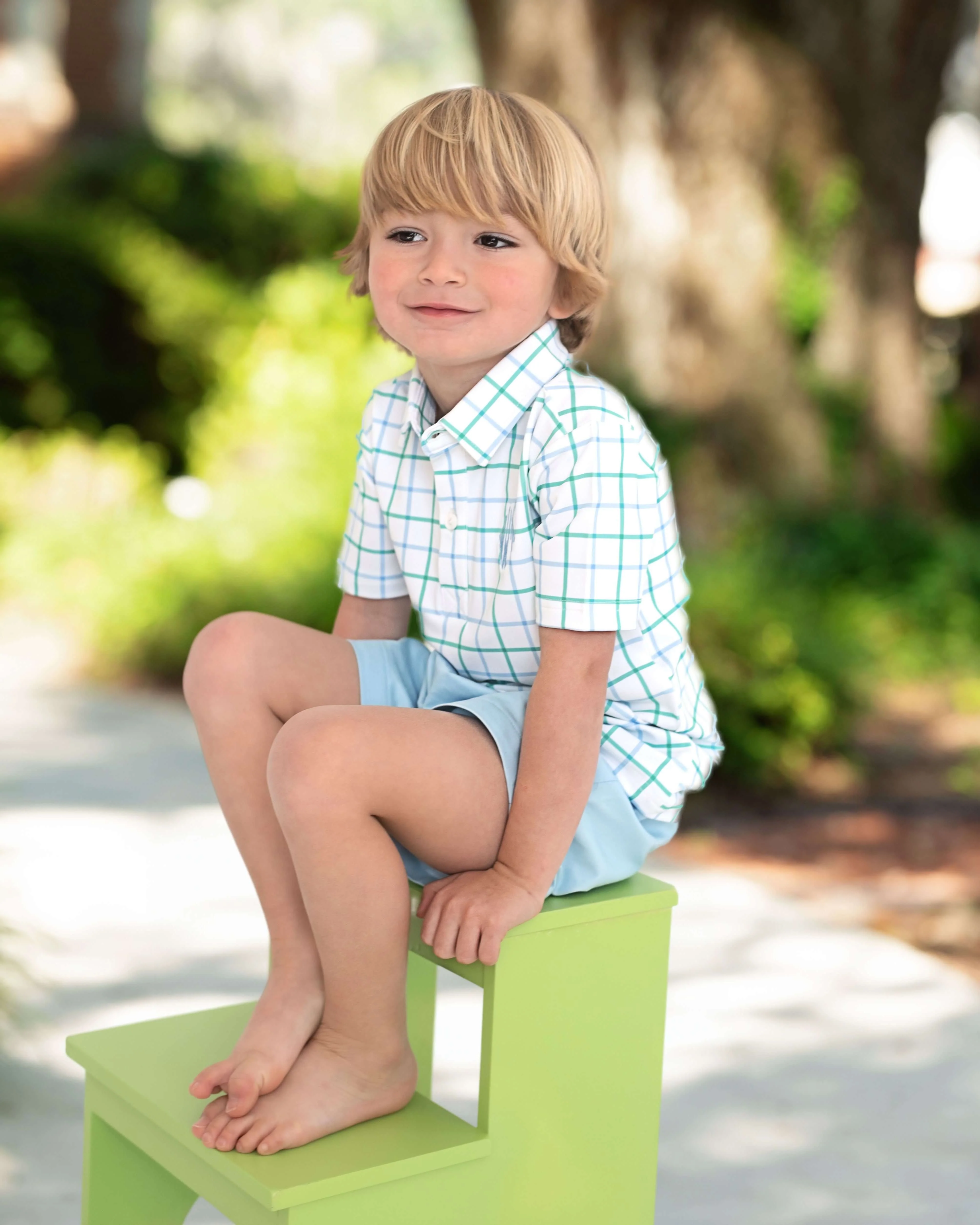 Blue And Green Windowpane Polo Short Set - Image 2