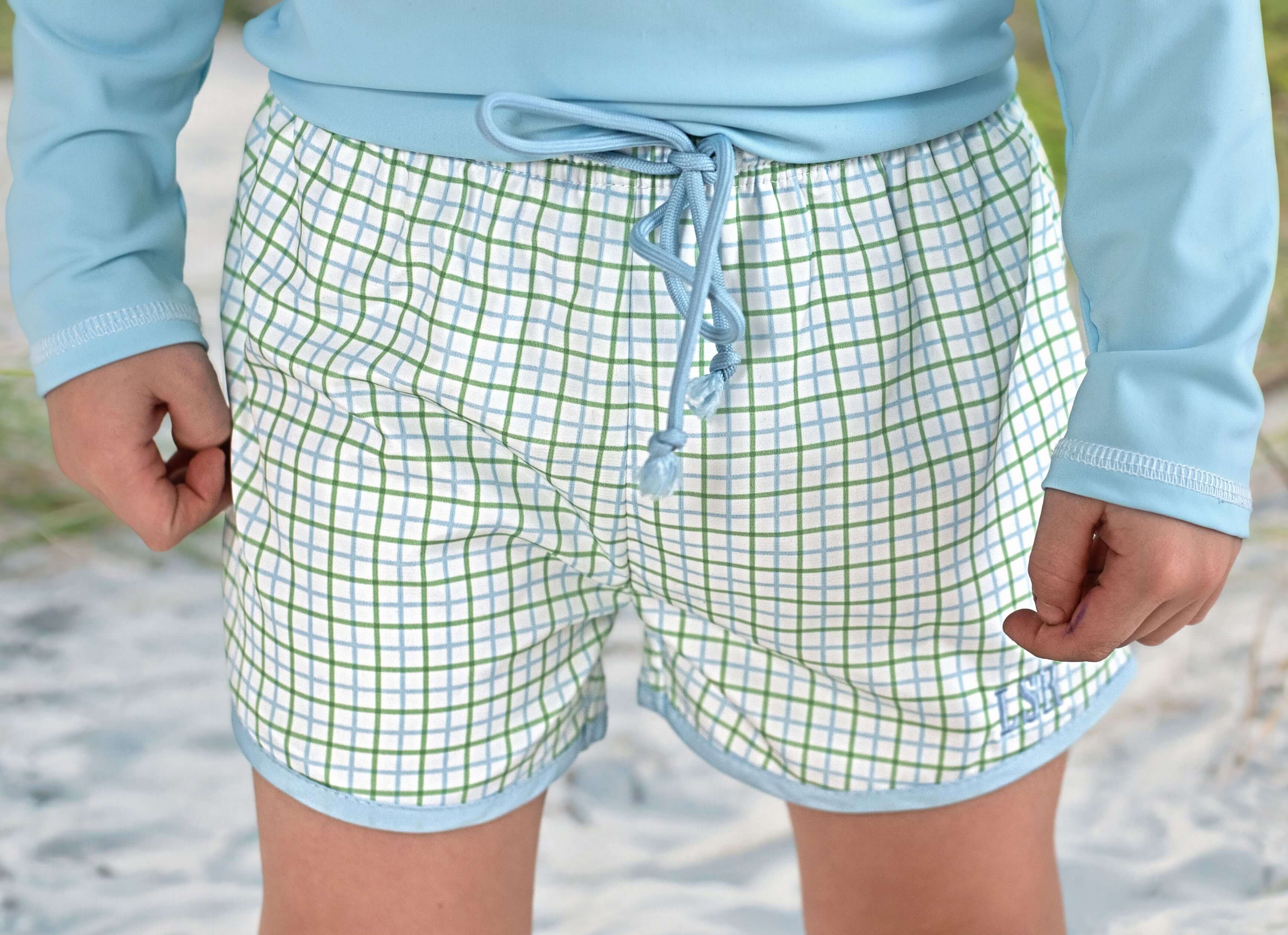 Blue And Green Windowpane Swim Trunks - Image 2