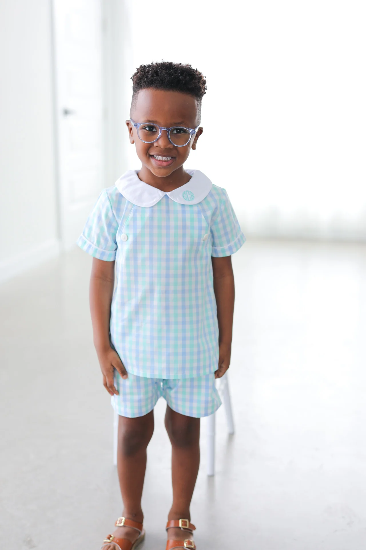 Blue And Mint Check Button Short Set - Image 2