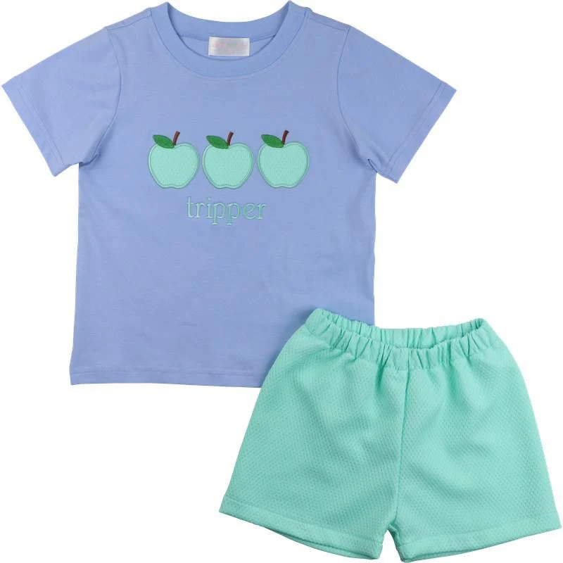 Blue And Mint Honeycomb Applique Apple Short Set