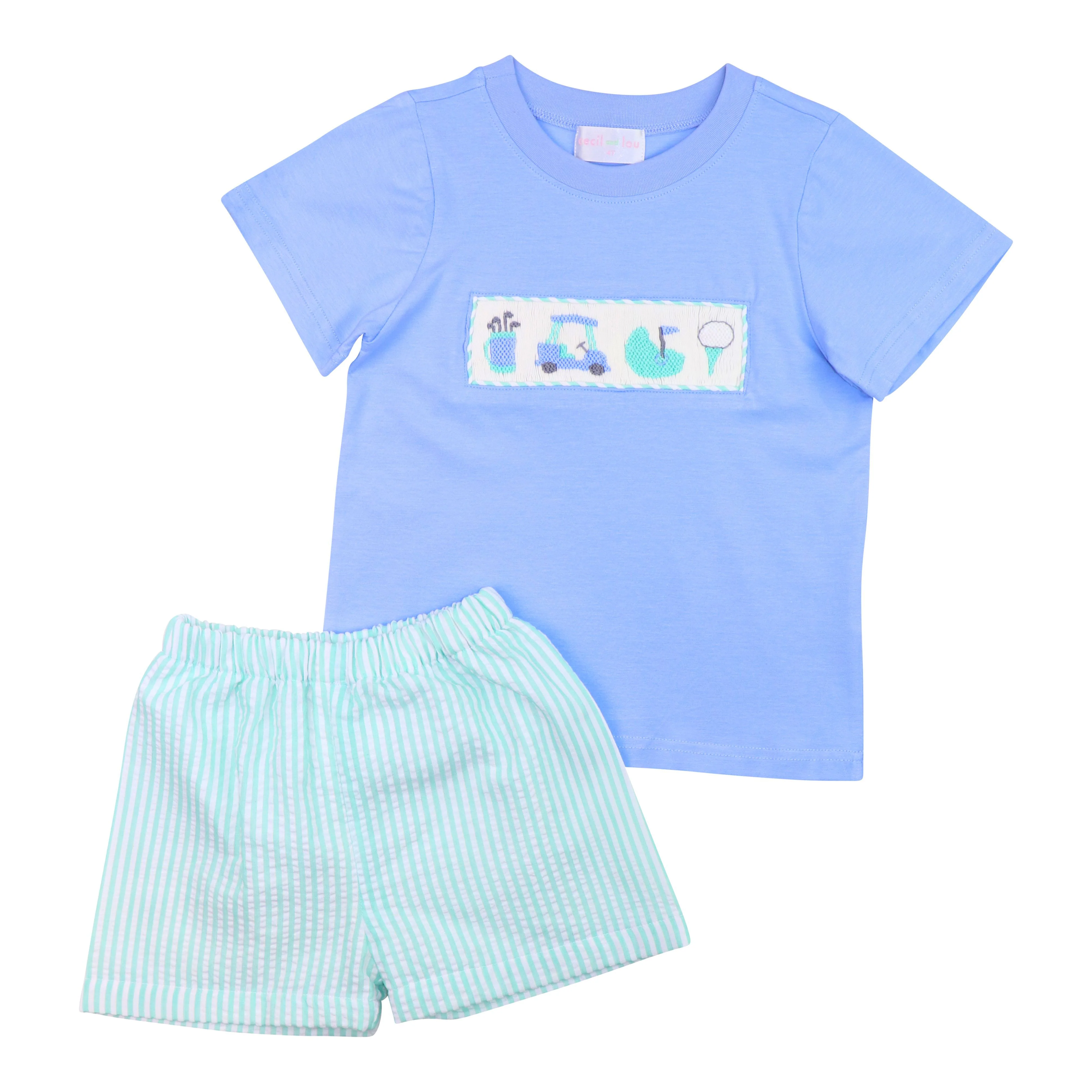 Blue And Mint Seersucker Smocked Golf Short Set