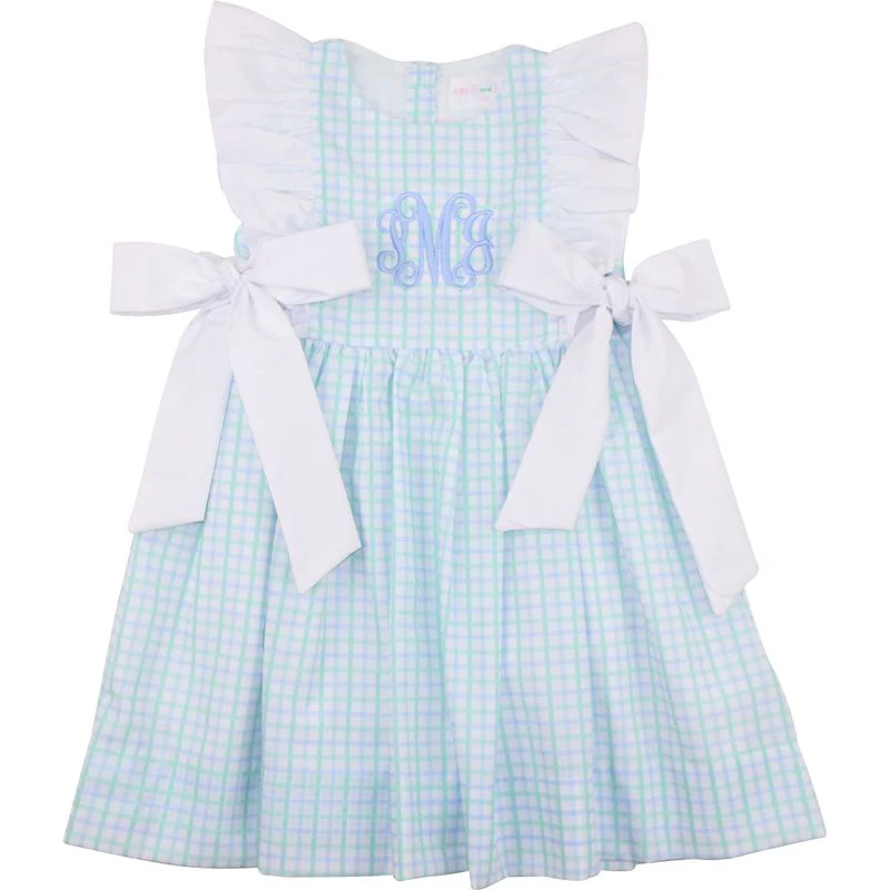 Blue And Mint Windowpane Bow Dress
