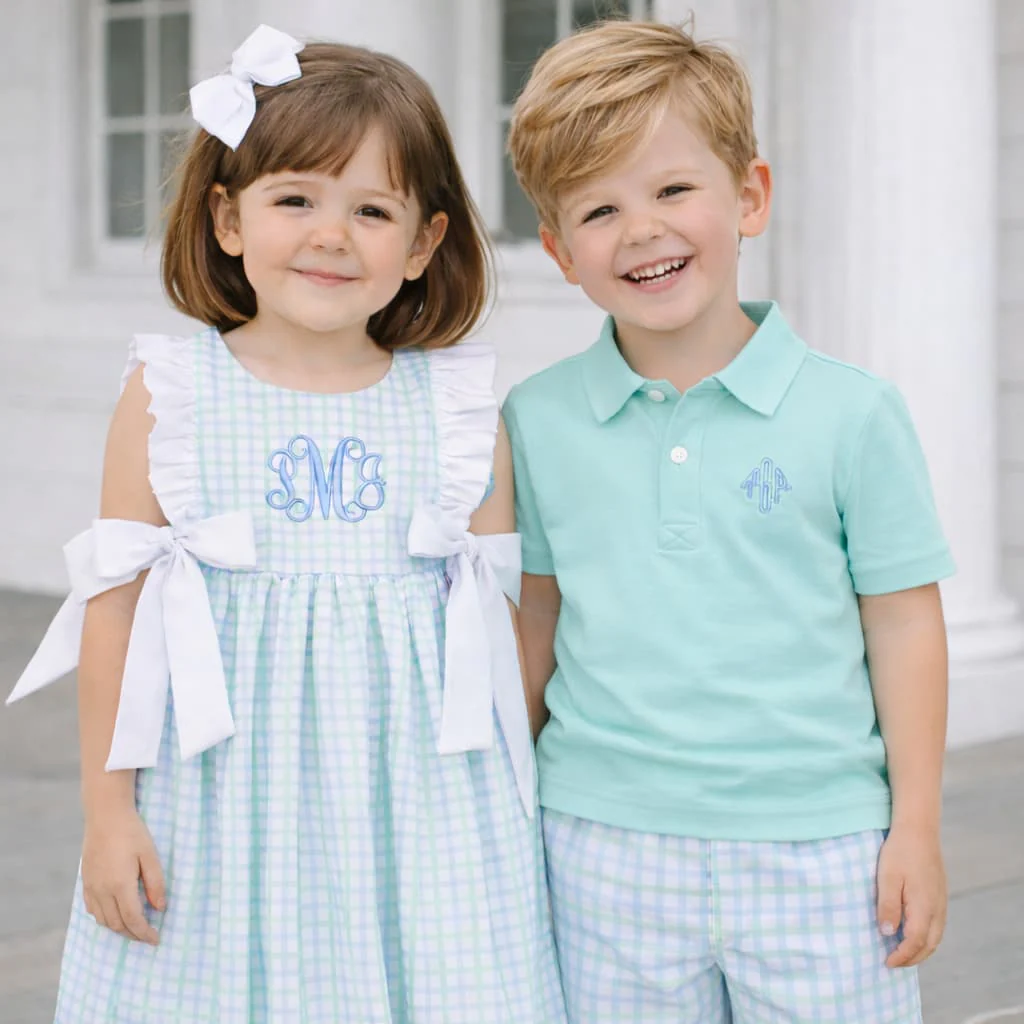 Blue And Mint Windowpane Polo Short Set - Image 3