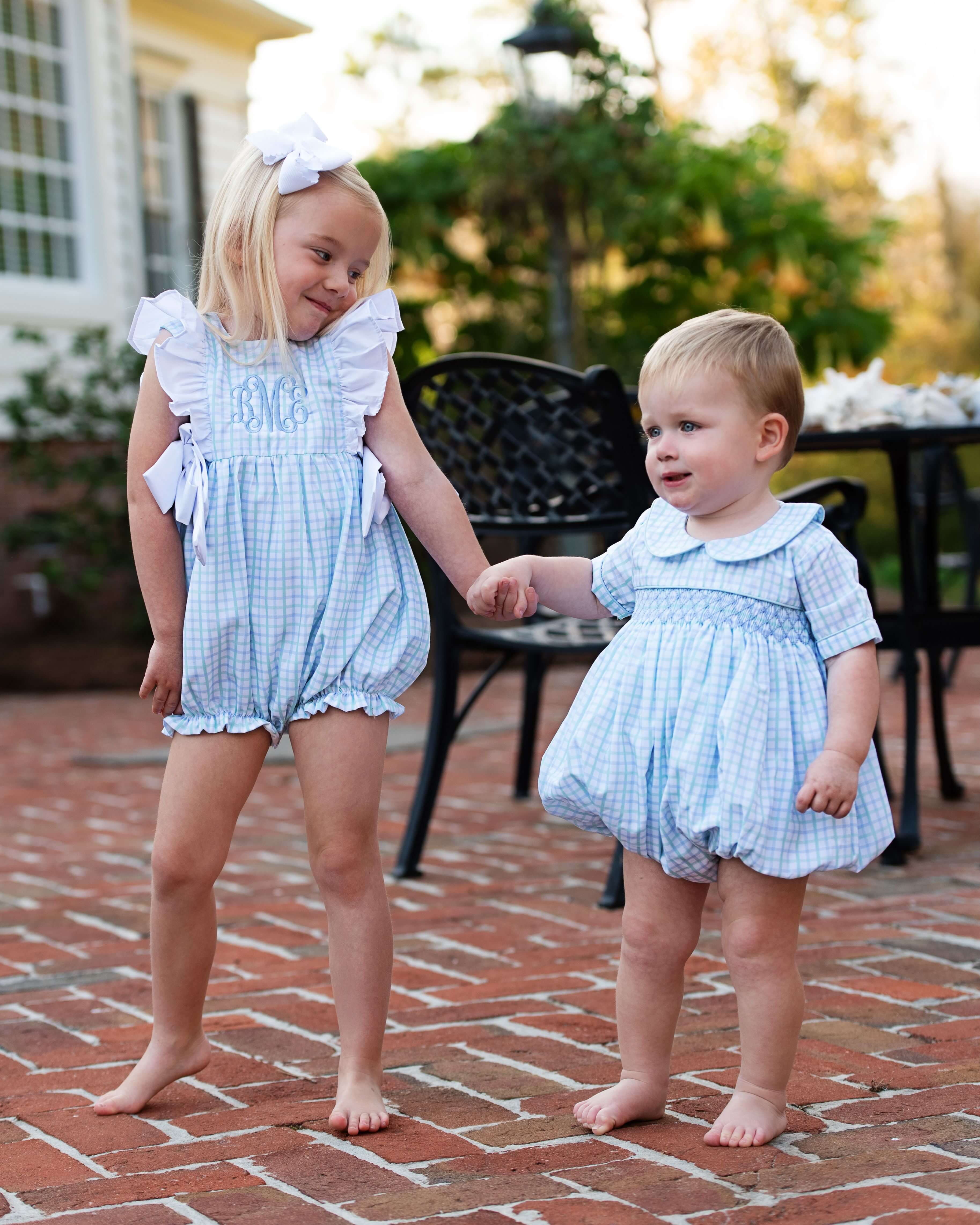 Blue And Mint Windowpane Smocked Bubble - Image 2