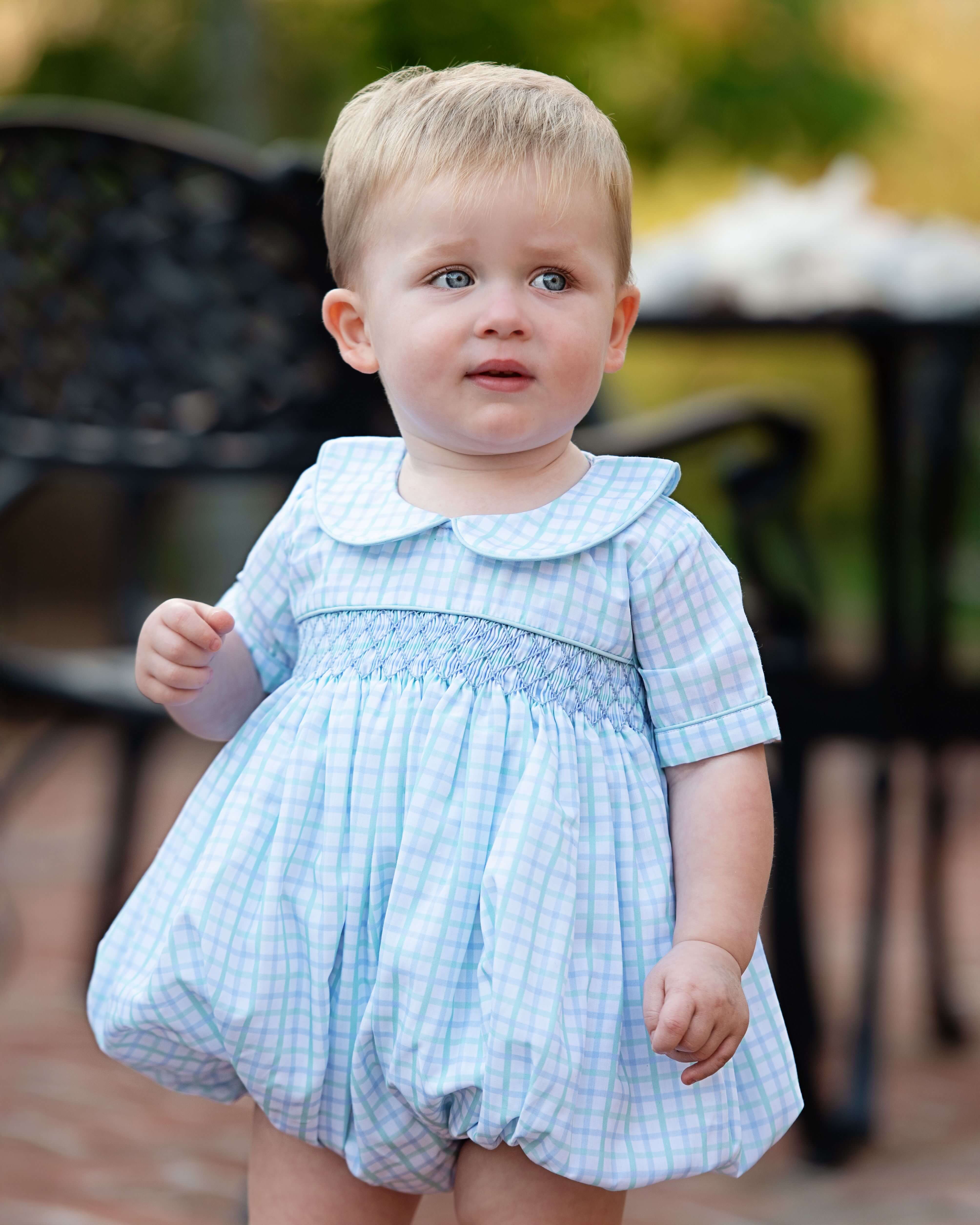Blue And Mint Windowpane Smocked Bubble - Image 3