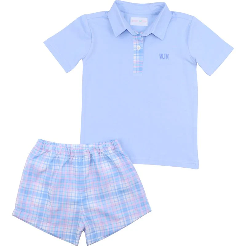 Blue And Pink Plaid Polo Short Set