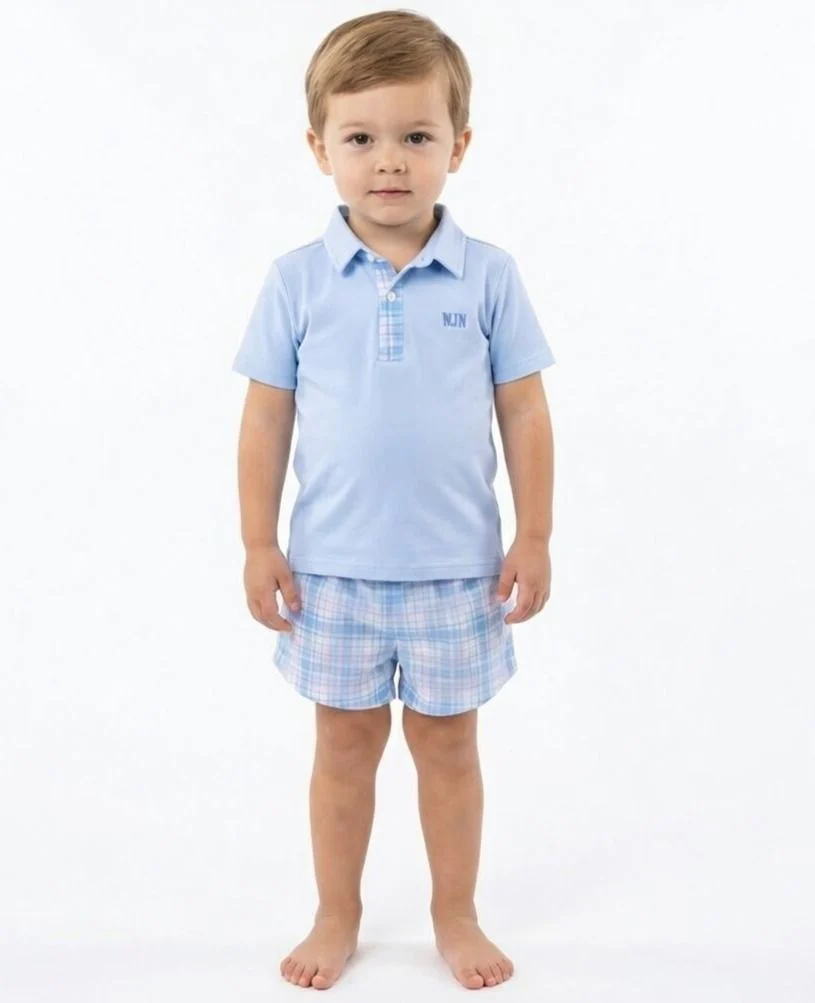 Blue And Pink Plaid Polo Short Set - Image 2