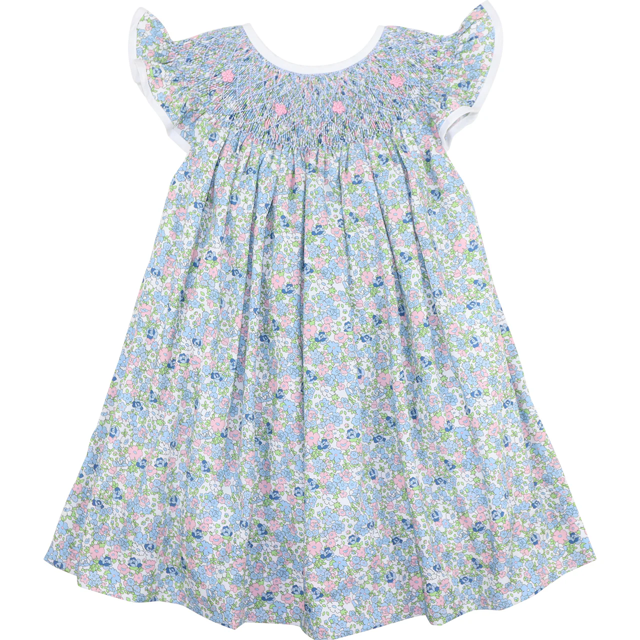 Blue And Pink Smocked Floral Dress
