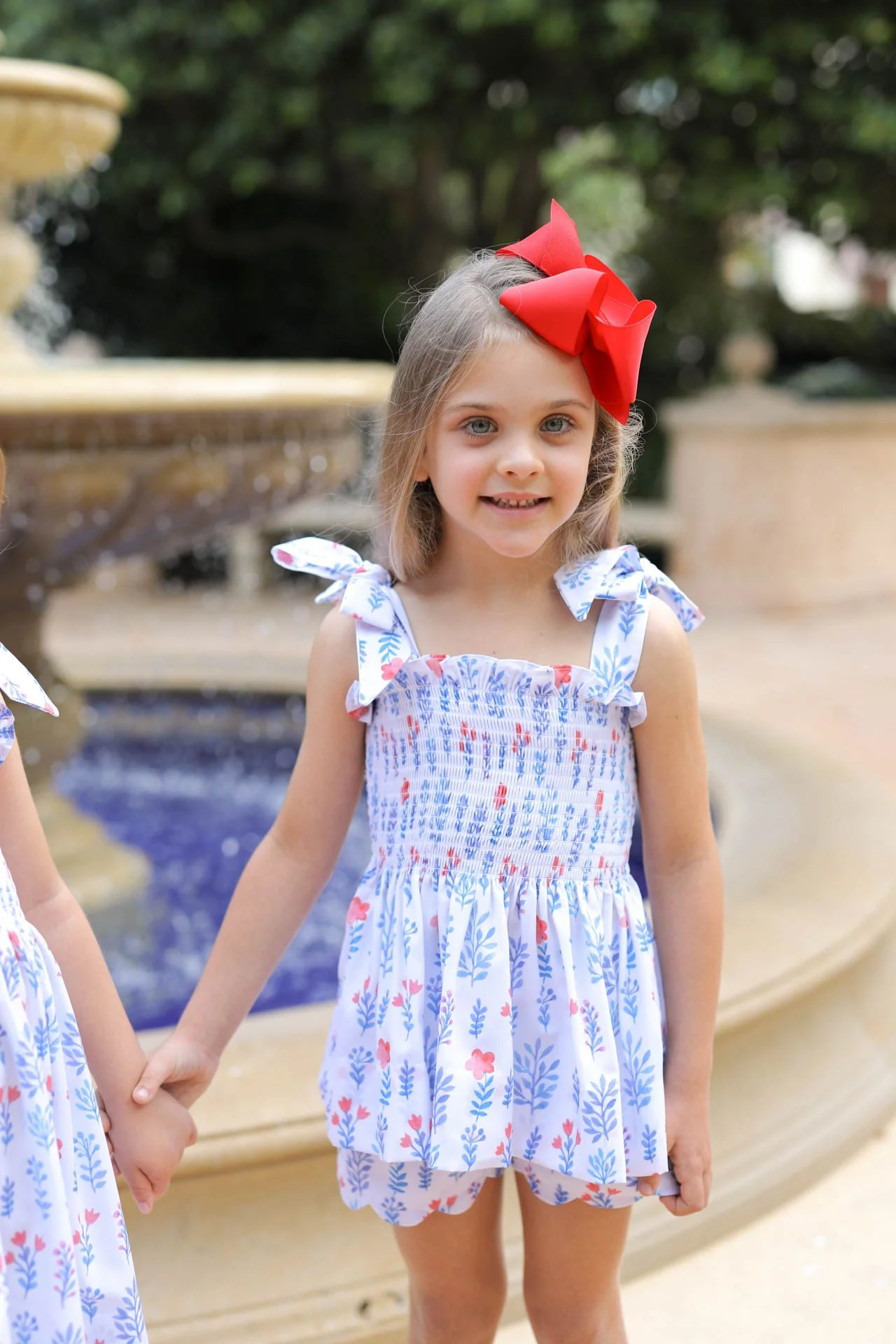 Blue And Red Floral Shoulder Tie Short Set - Image 2