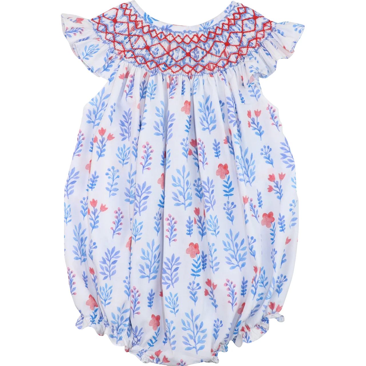Blue And Red Floral Smocked Bubble