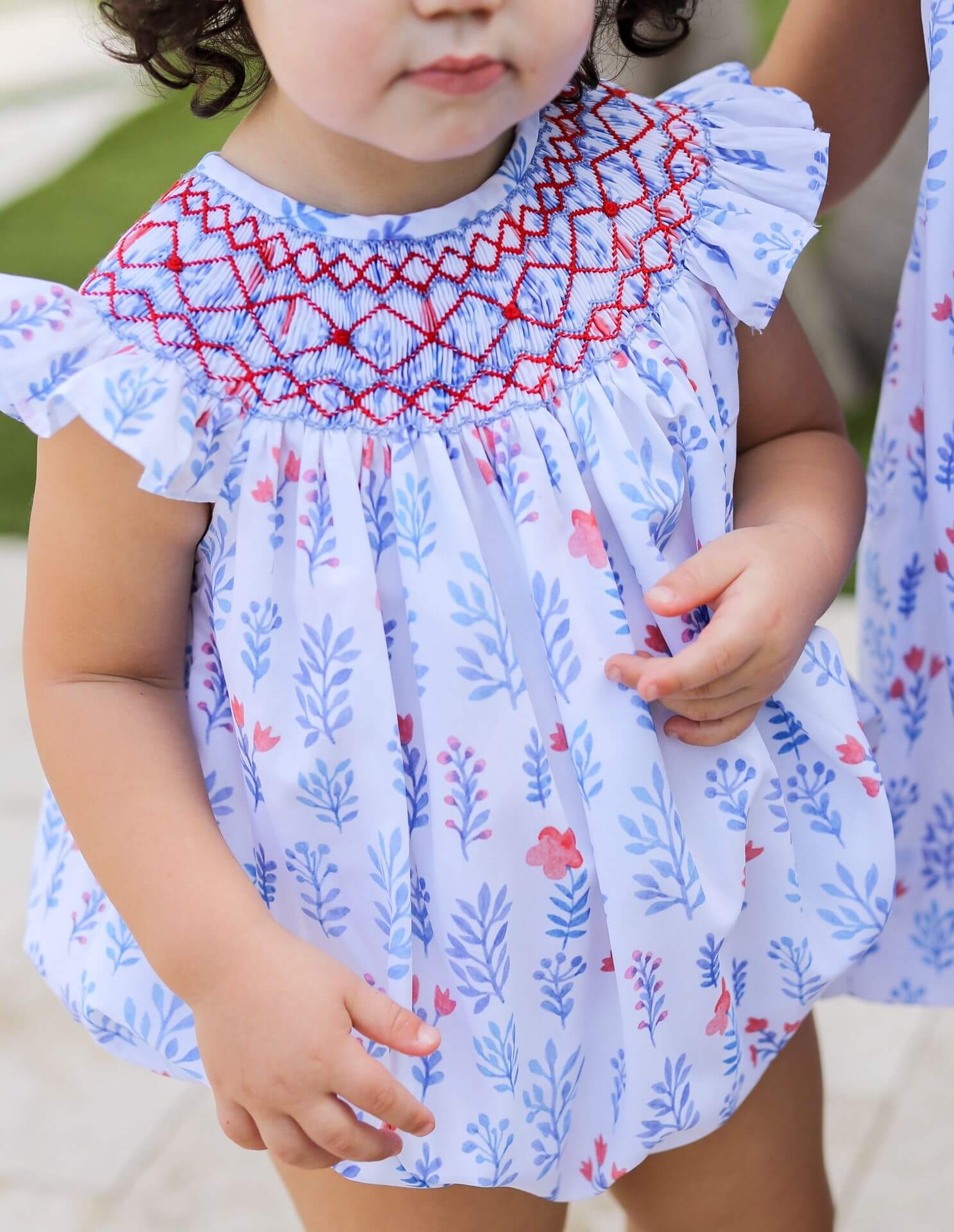 Blue And Red Floral Smocked Bubble - Image 2