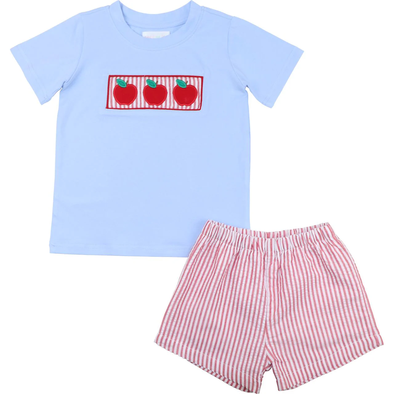 Blue And Red Seersucker Apple Short Set