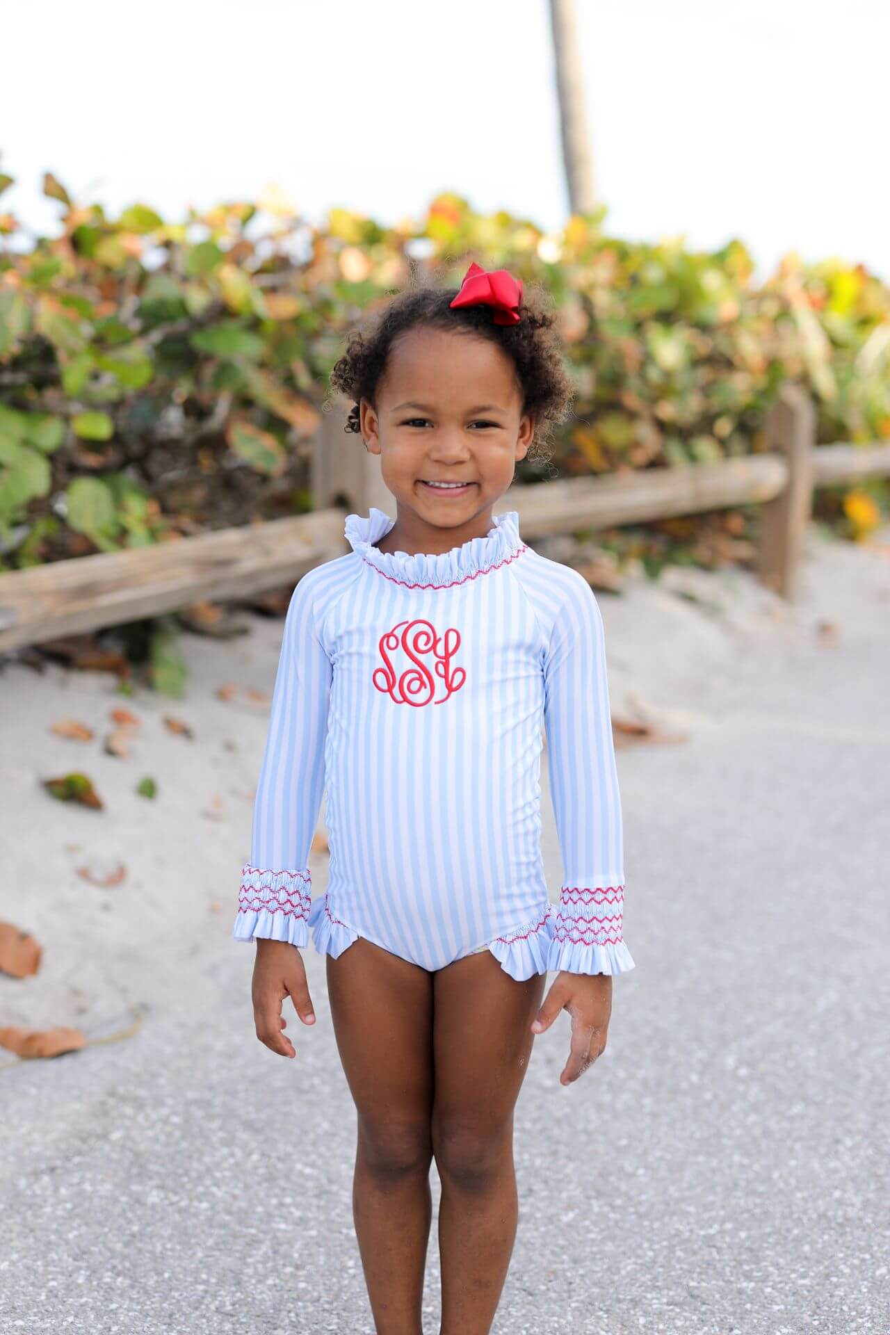 Blue And Red Smocked Long Sleeve Swimsuit - Image 2