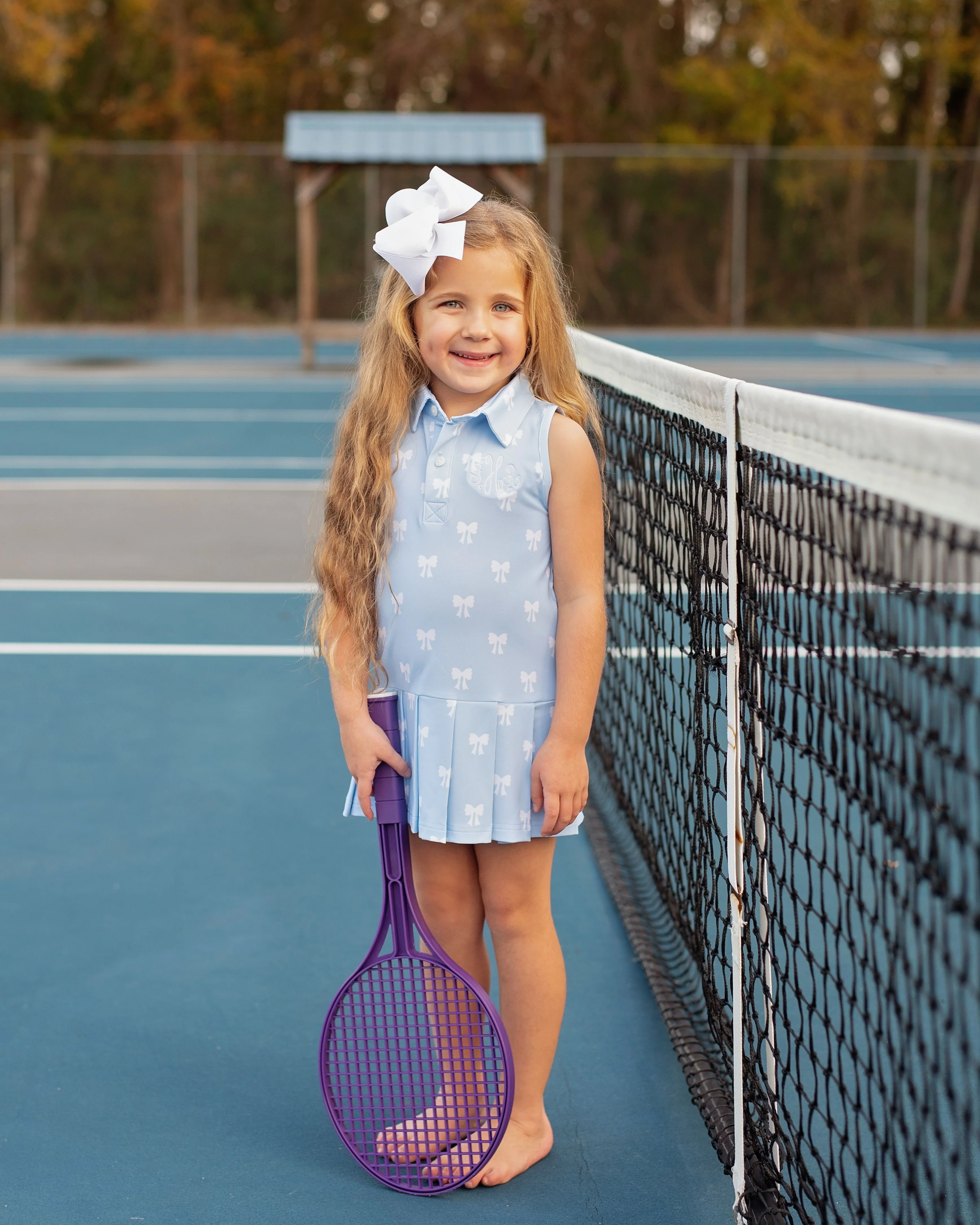Blue And White Bow Print Lycra Tennis Dress - Image 2
