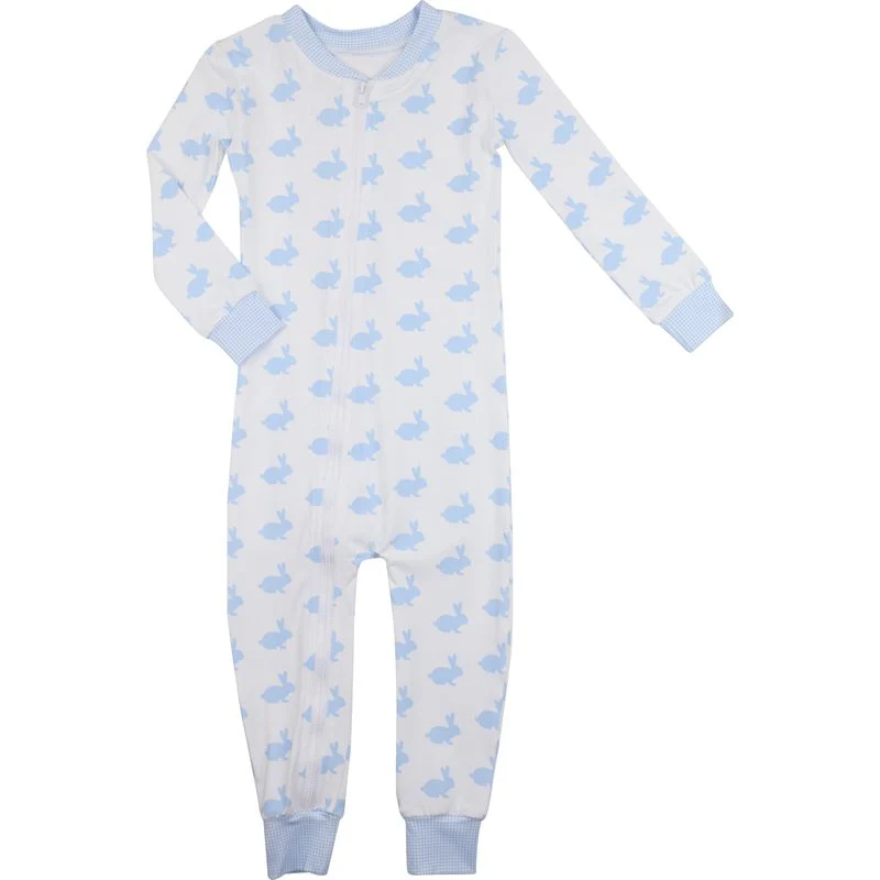 Blue And White Bunny Print Knit Zipper Pajamas - Image 2