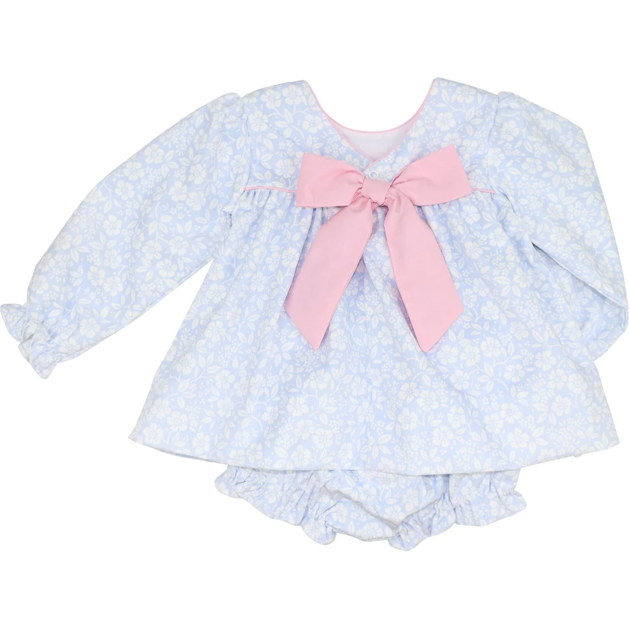 Blue And White Floral Corduroy Bow Diaper Set - Image 2