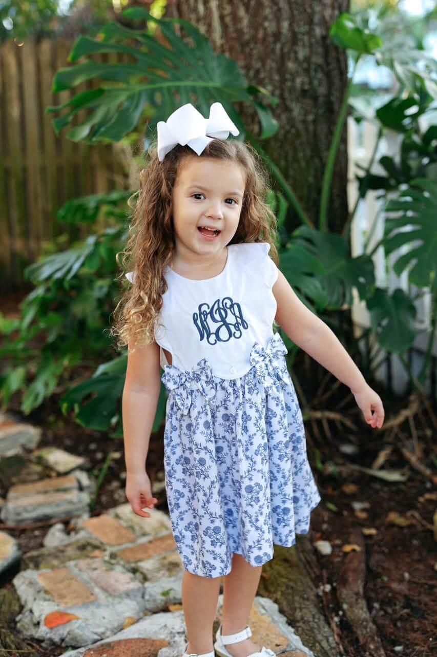 Blue And White Floral Scalloped Bow Dress - Image 2