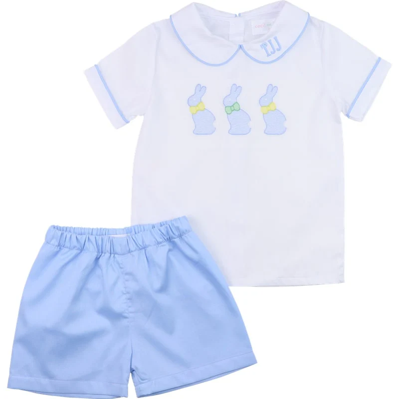 Blue And White Shadow Embroidered Bunny Short Set