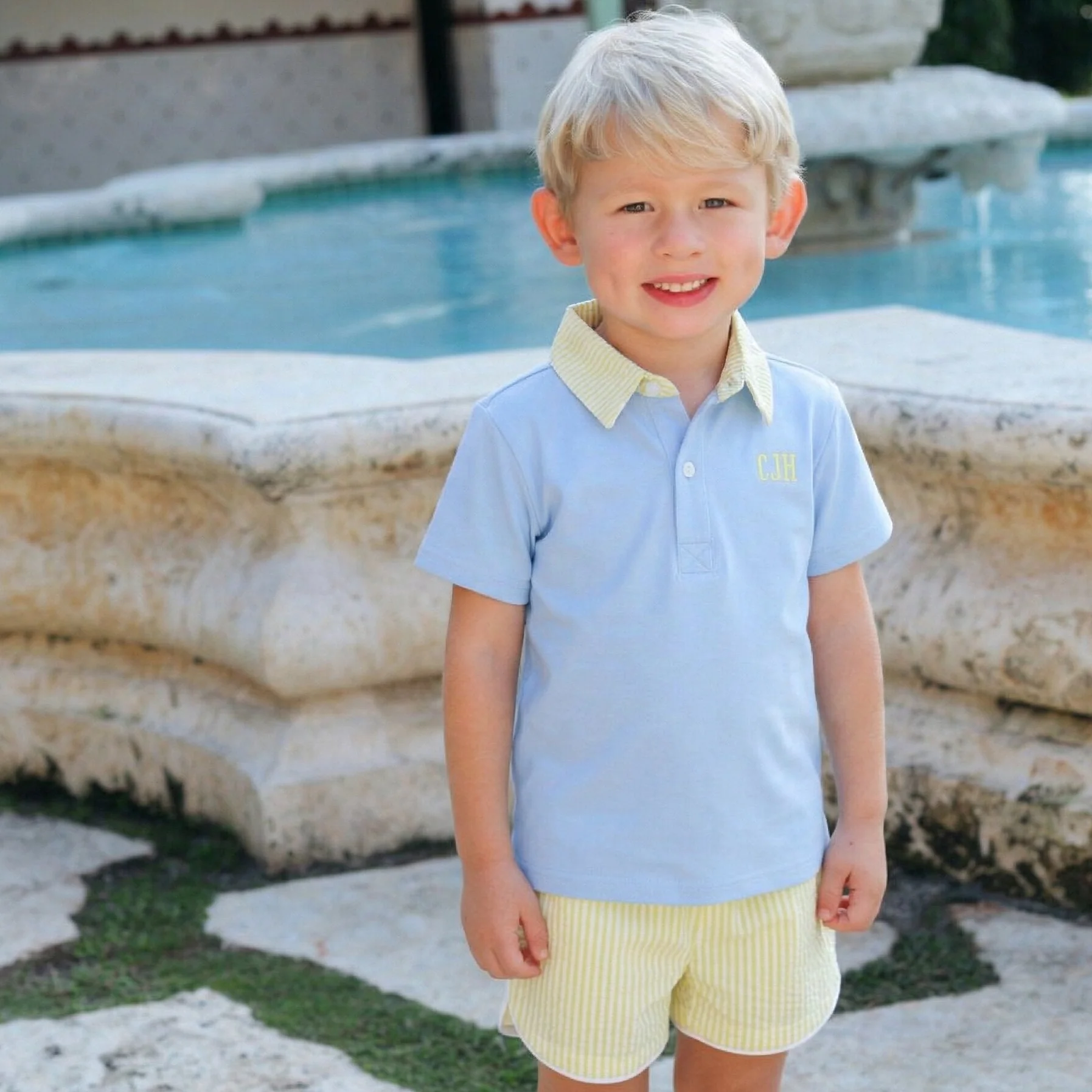 Blue And Yellow Seersucker Polo Short Set - Image 2