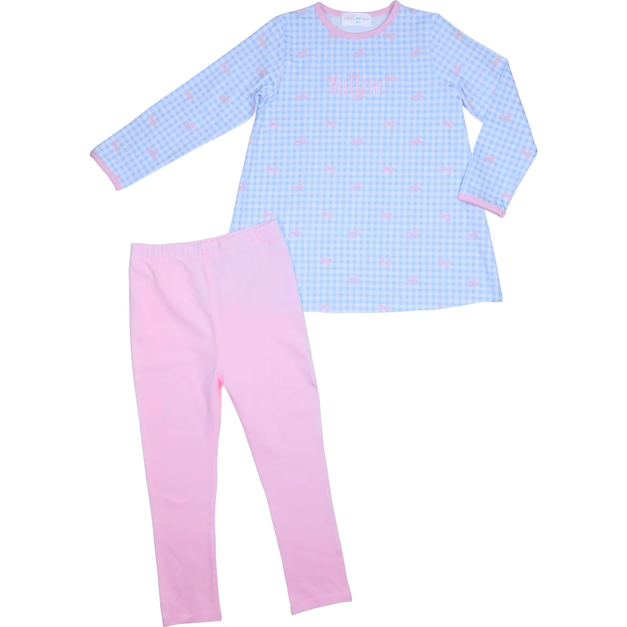 Blue Check And Bow Knit Legging Set