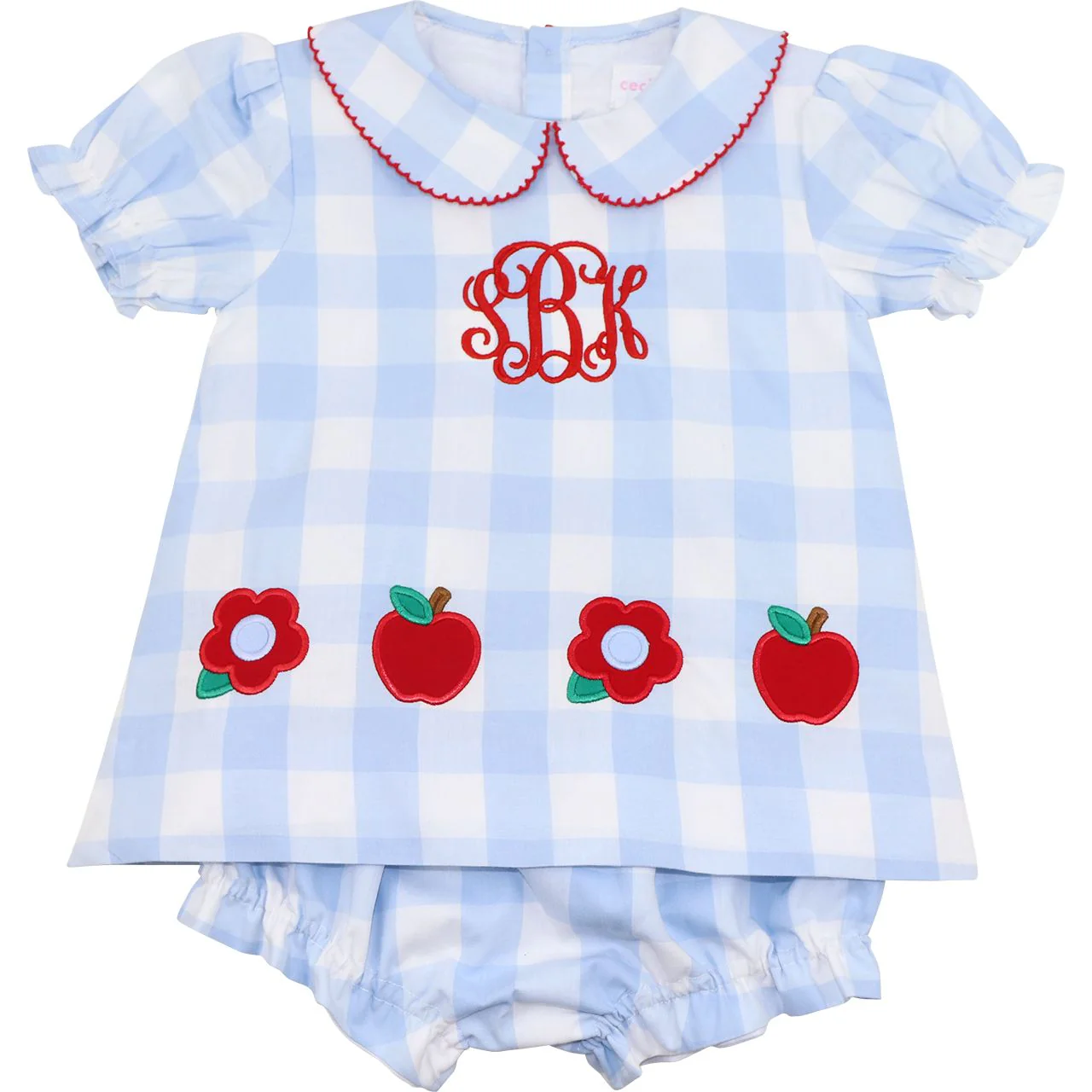 Blue Check Applique Apple Diaper Set