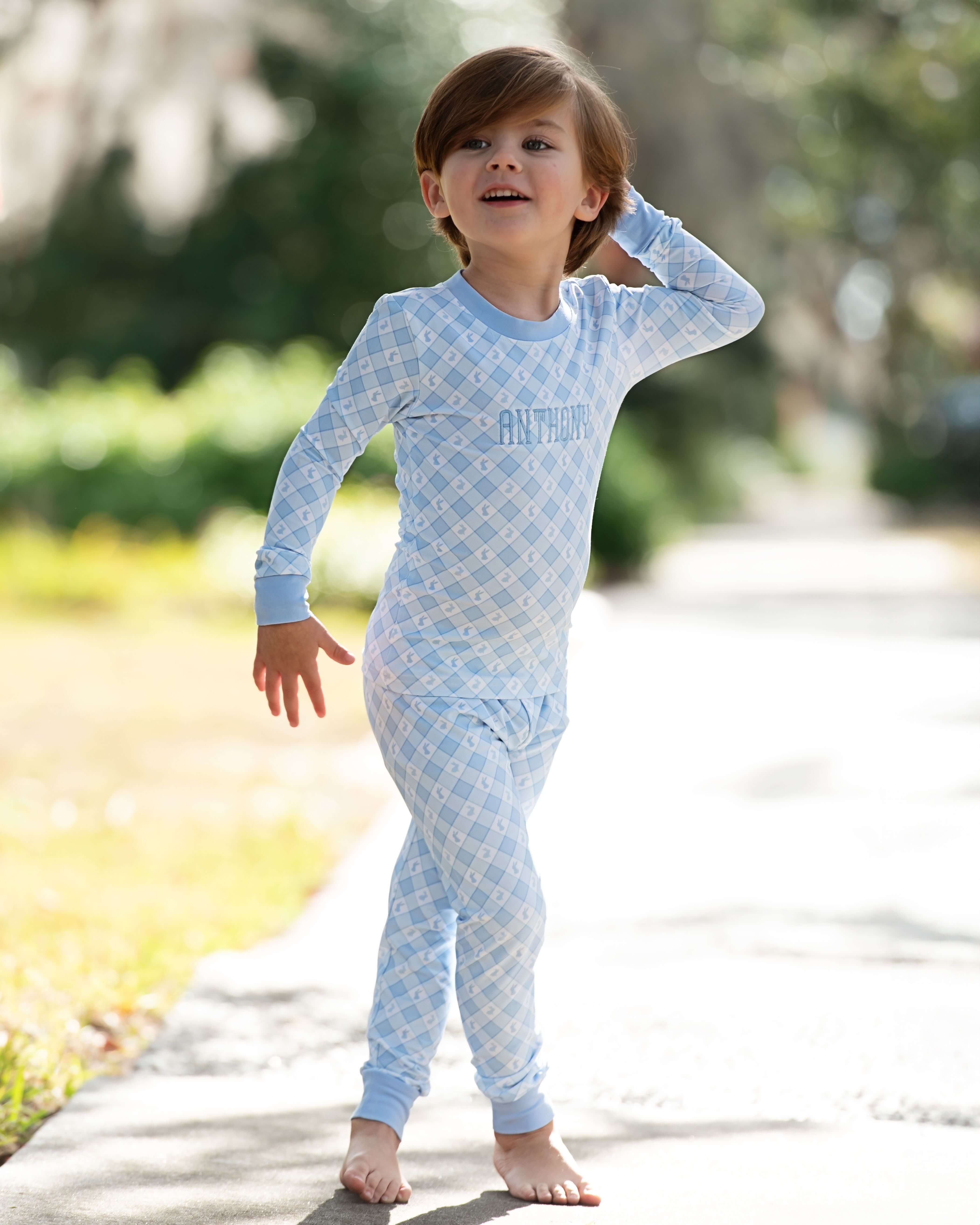 Blue Check Bunny Bamboo Knit Pajamas - Image 2