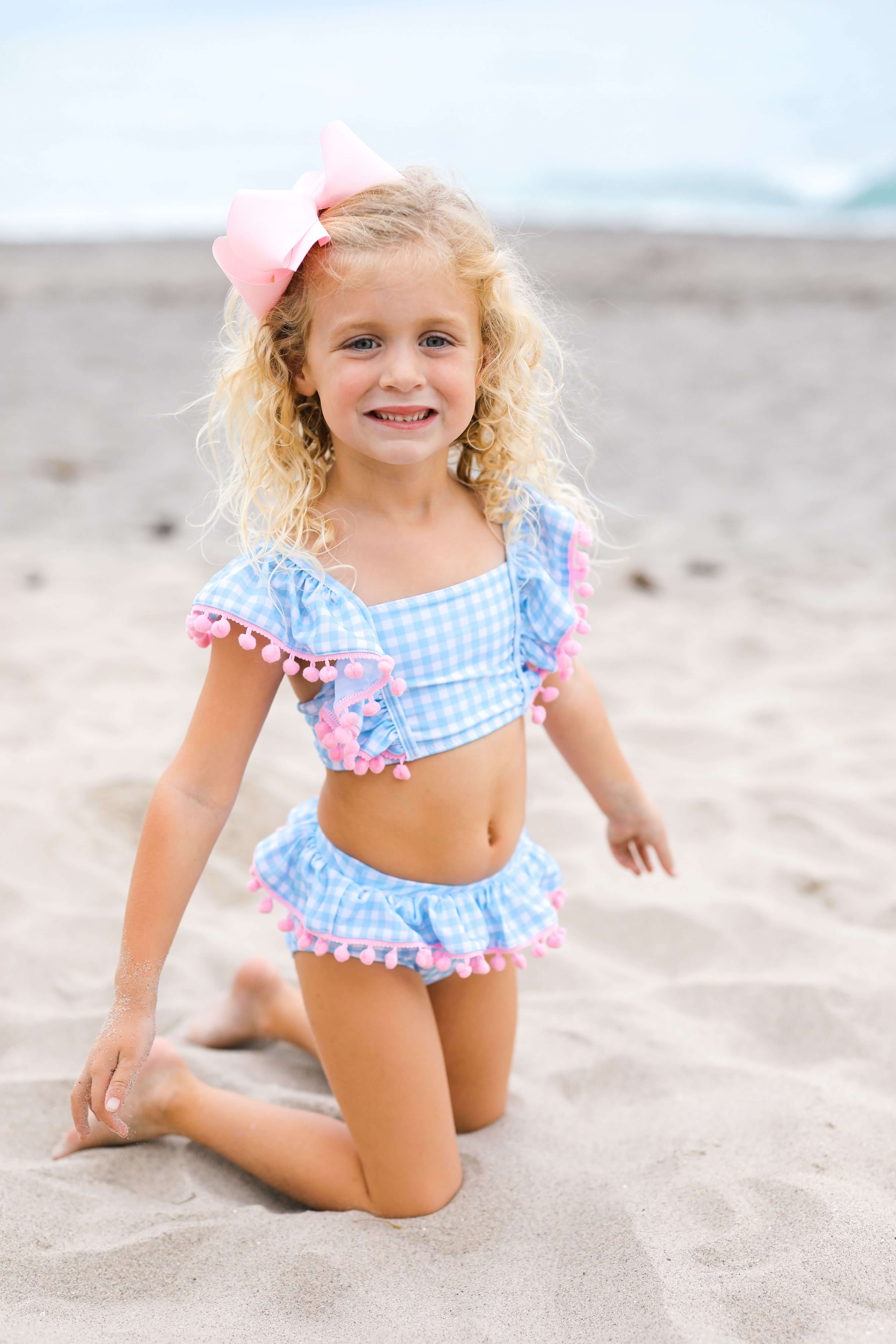 Blue Check Pom Pom Bikini - Image 2