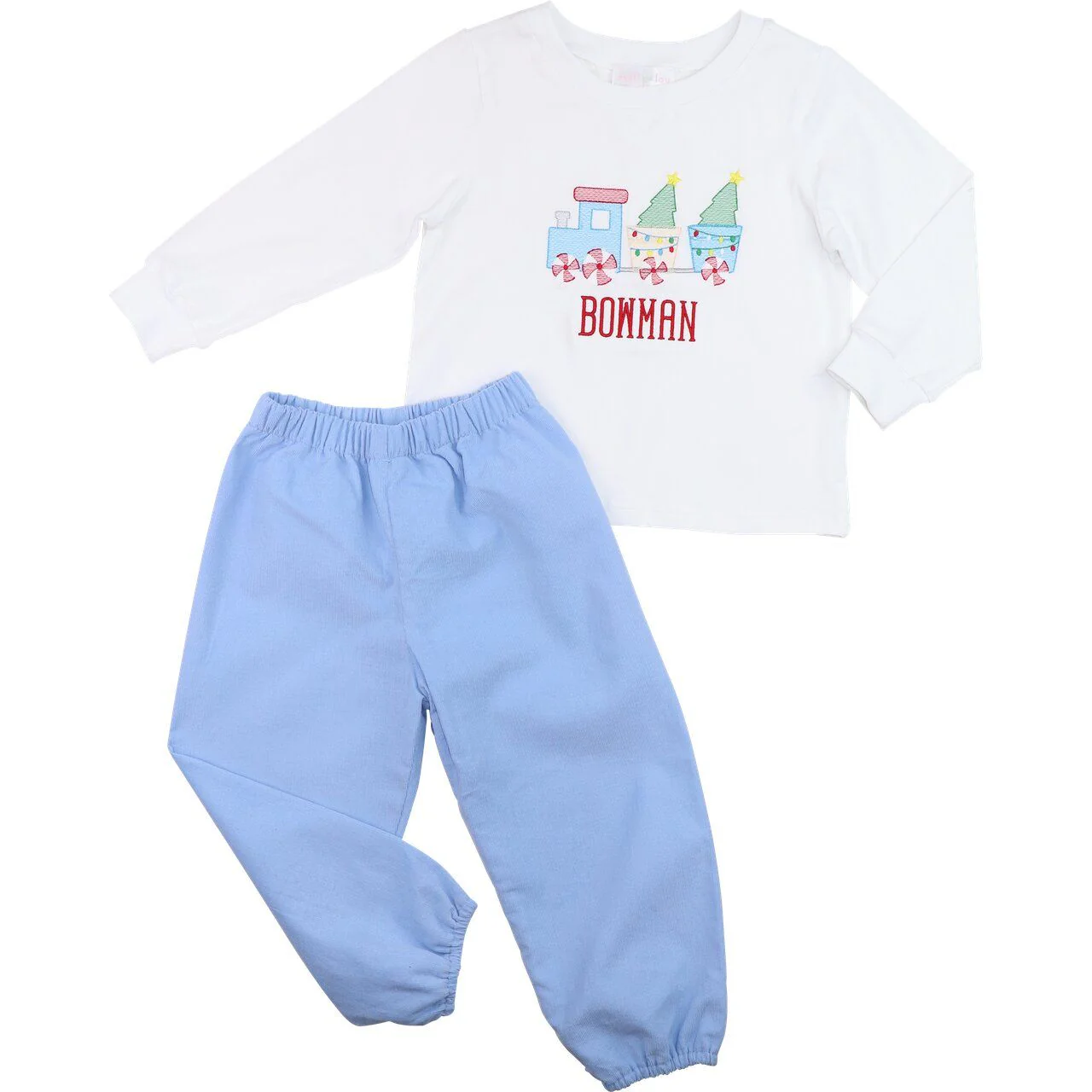 Blue Corduroy Christmas Train Ankle Pant Set