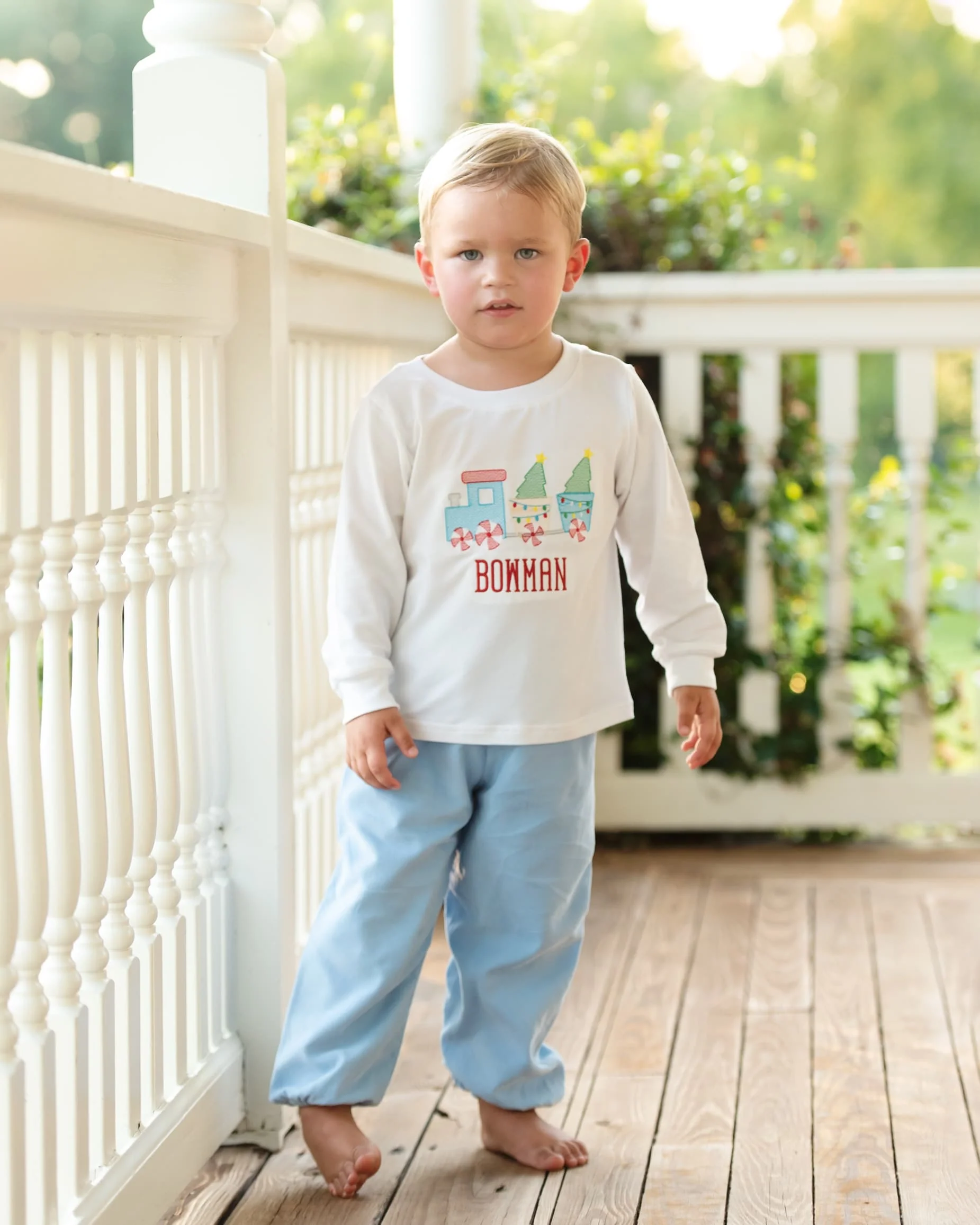 Blue Corduroy Christmas Train Ankle Pant Set - Image 2
