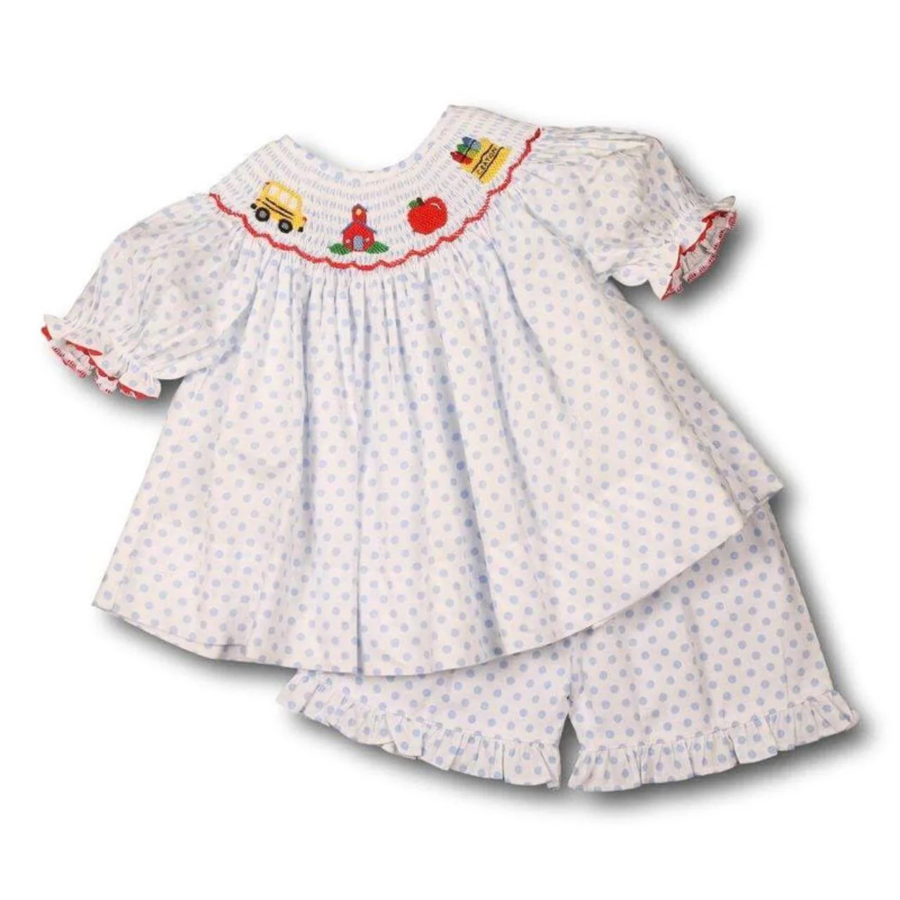 Blue Dot Smocked Back To School Short Set