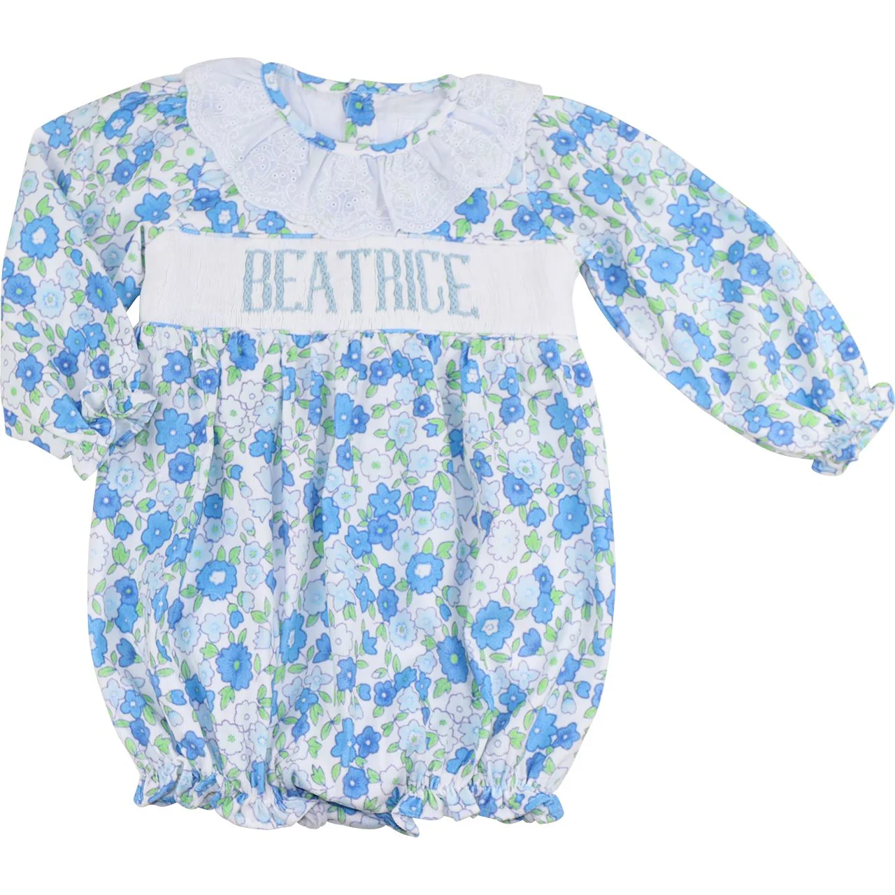 Blue Floral Corduroy Custom Smocked Bubble