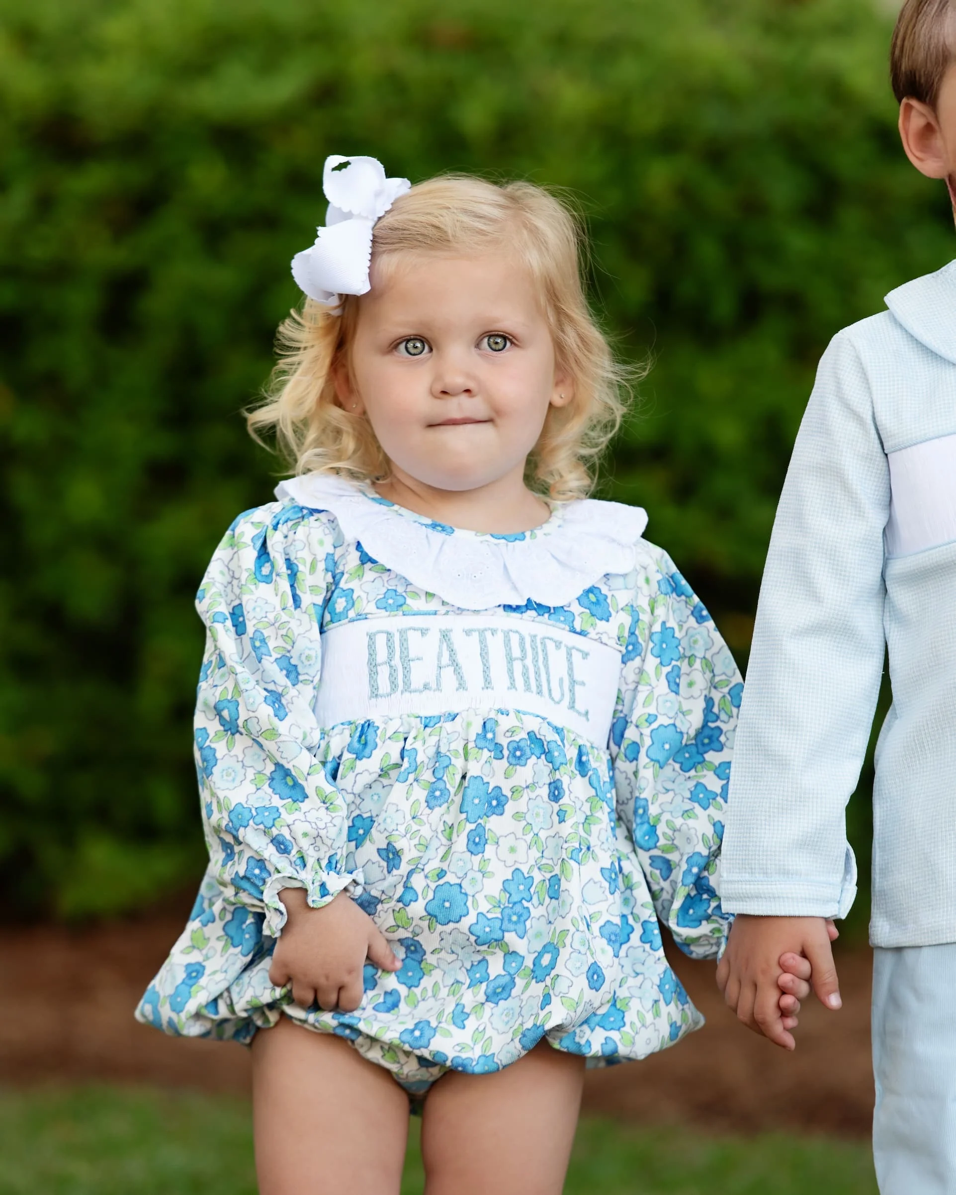 Blue Floral Corduroy Custom Smocked Bubble - Image 3