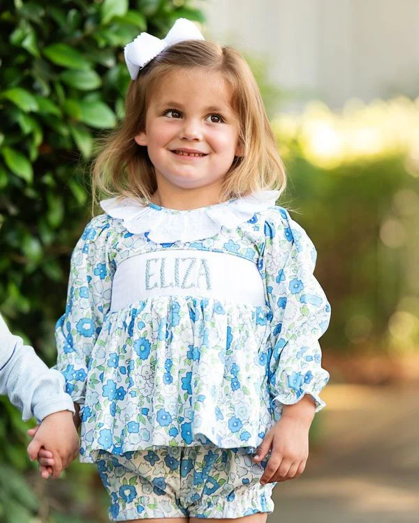Blue Floral Corduroy Custom Smocked Diaper Set - Image 2