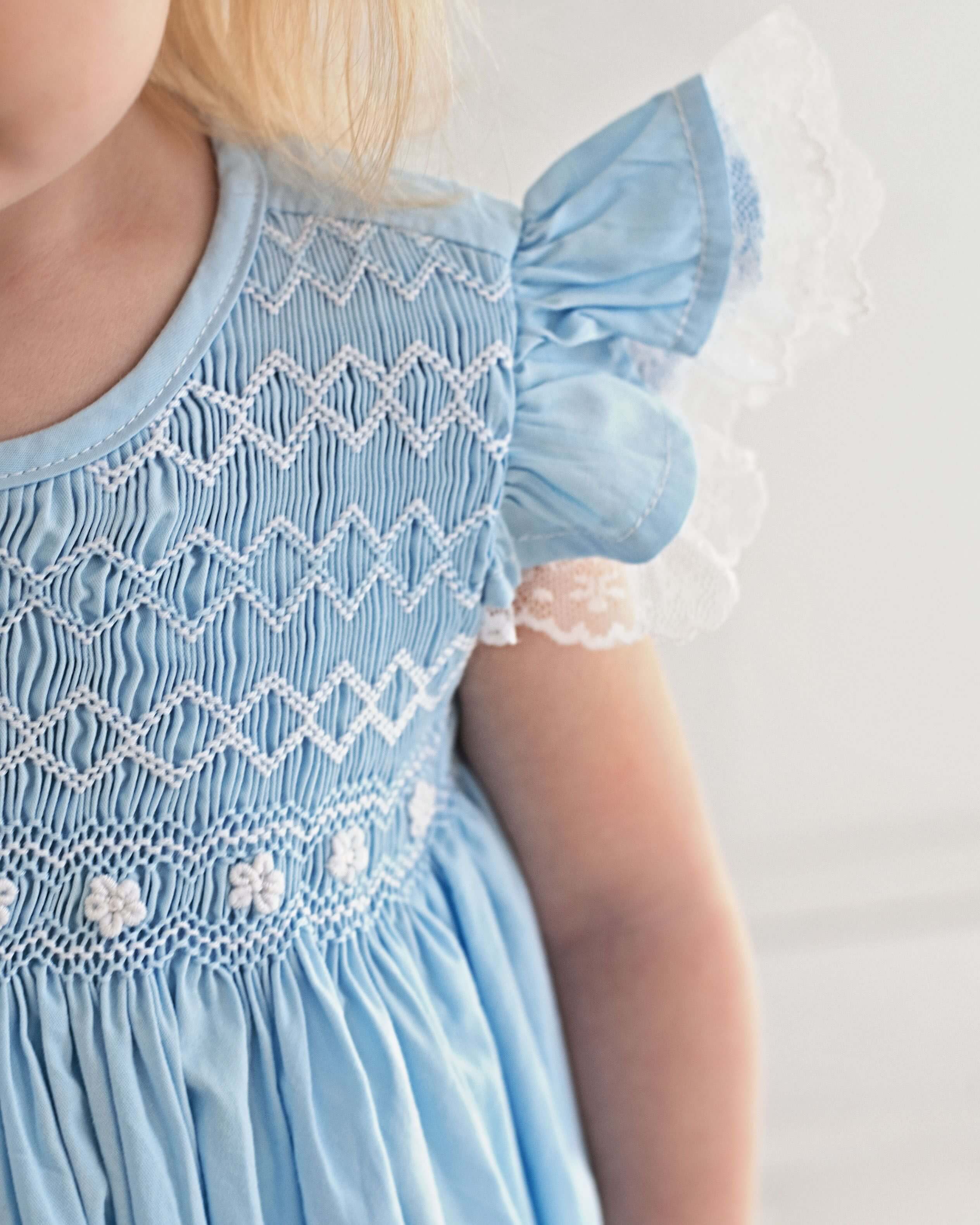 Blue Geometric Floral Smocked Bubble - Image 2