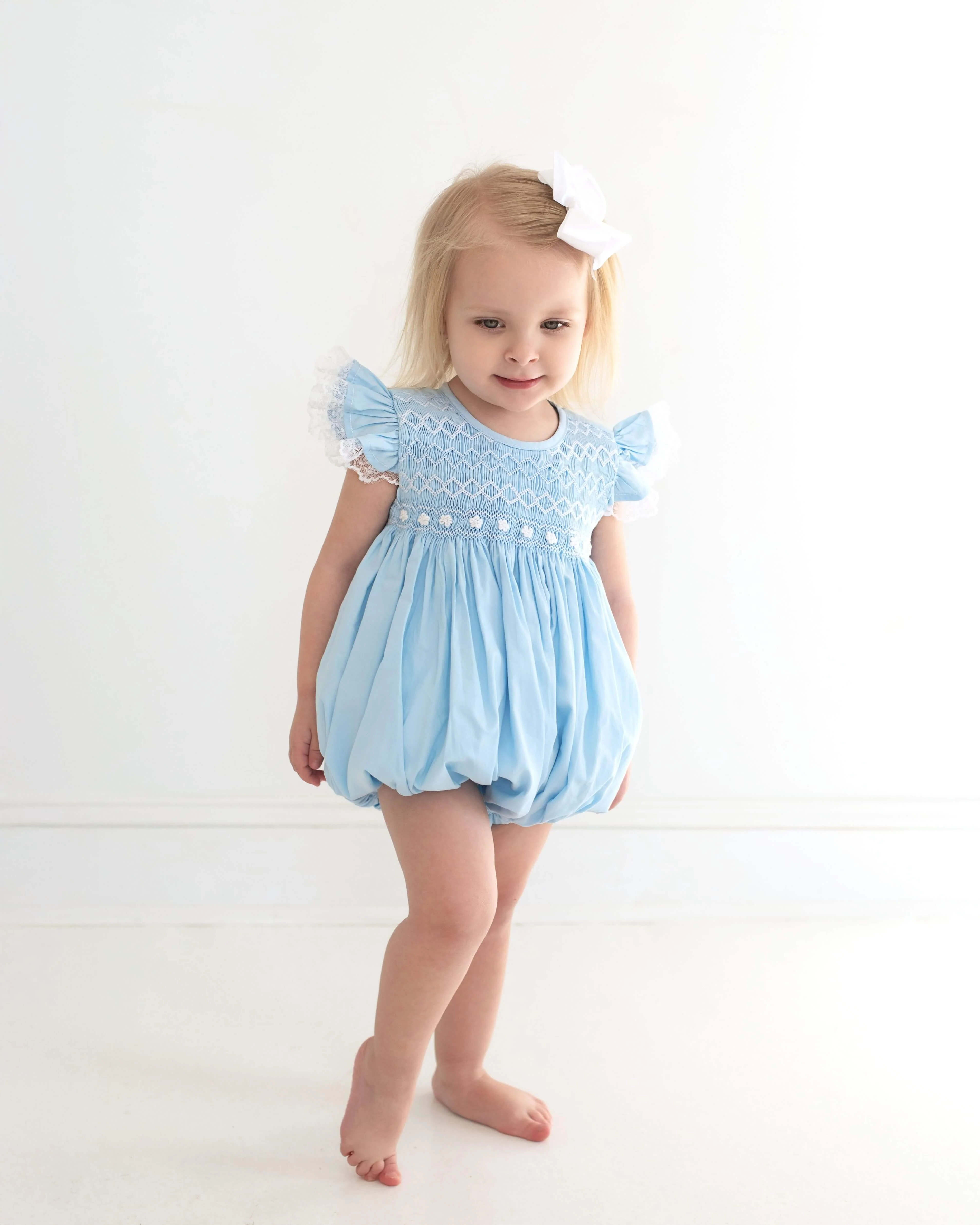 Blue Geometric Floral Smocked Bubble - Image 3