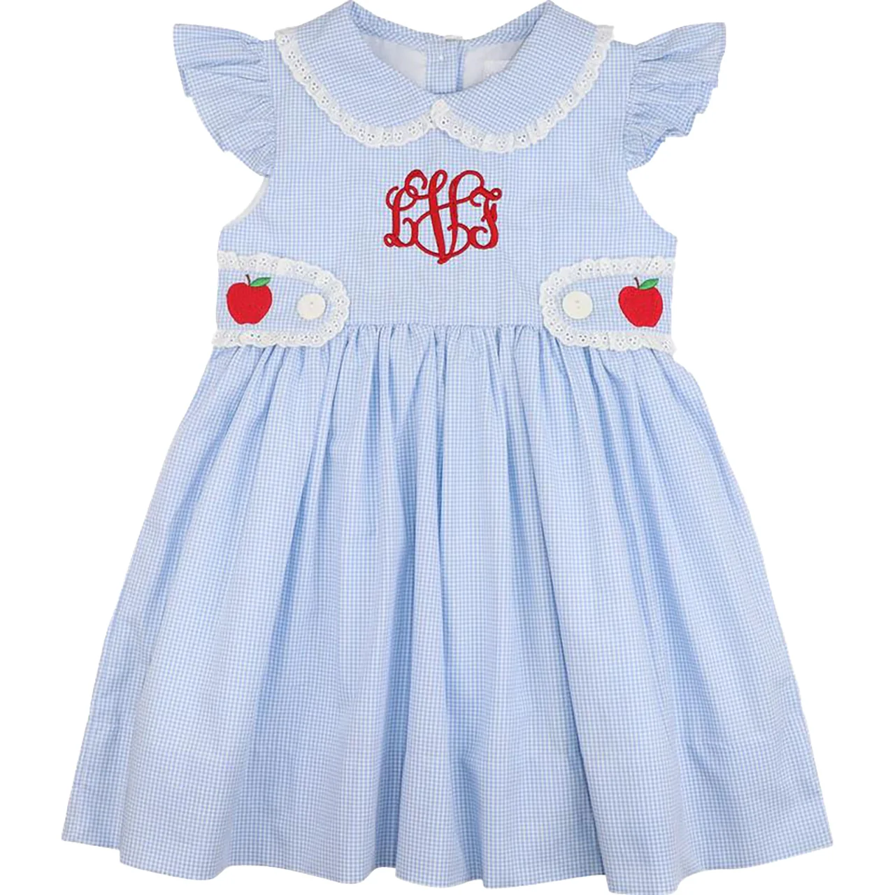 Blue Gingham Apple Eyelet Dress