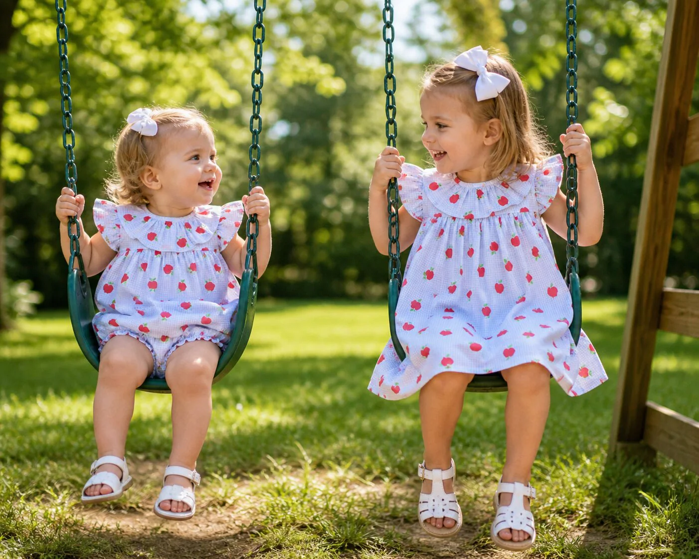 Blue Gingham Apple Print Dress - Image 2