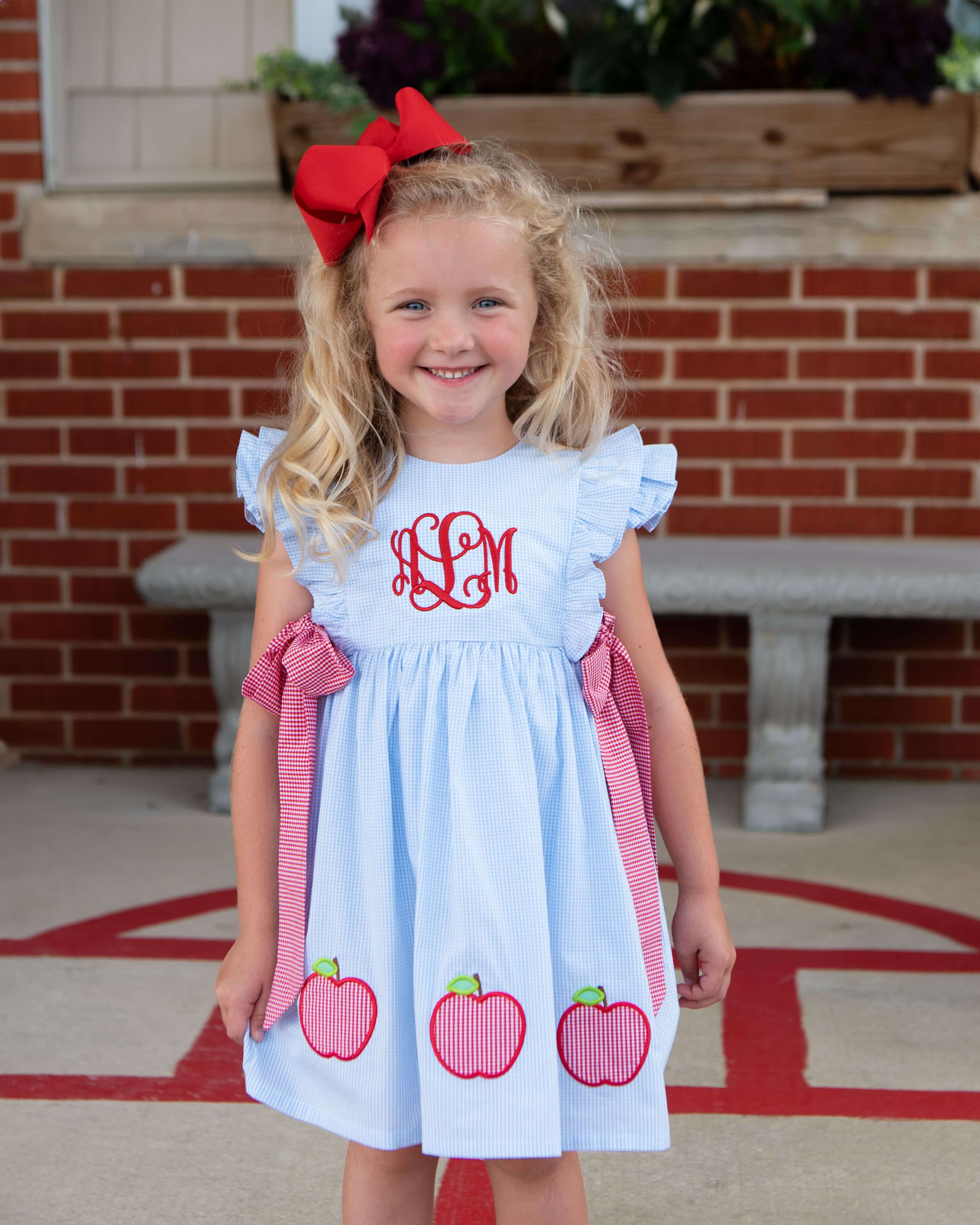 Blue Gingham Applique Apple Bow Dress - Image 2