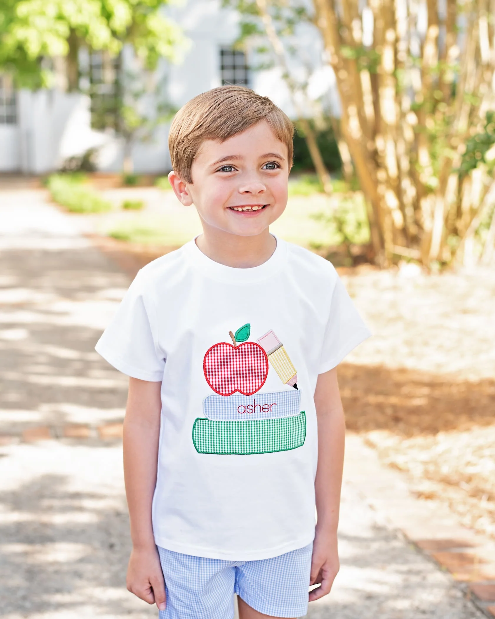 Blue Gingham Applique Books And Apple Short Set - Image 2