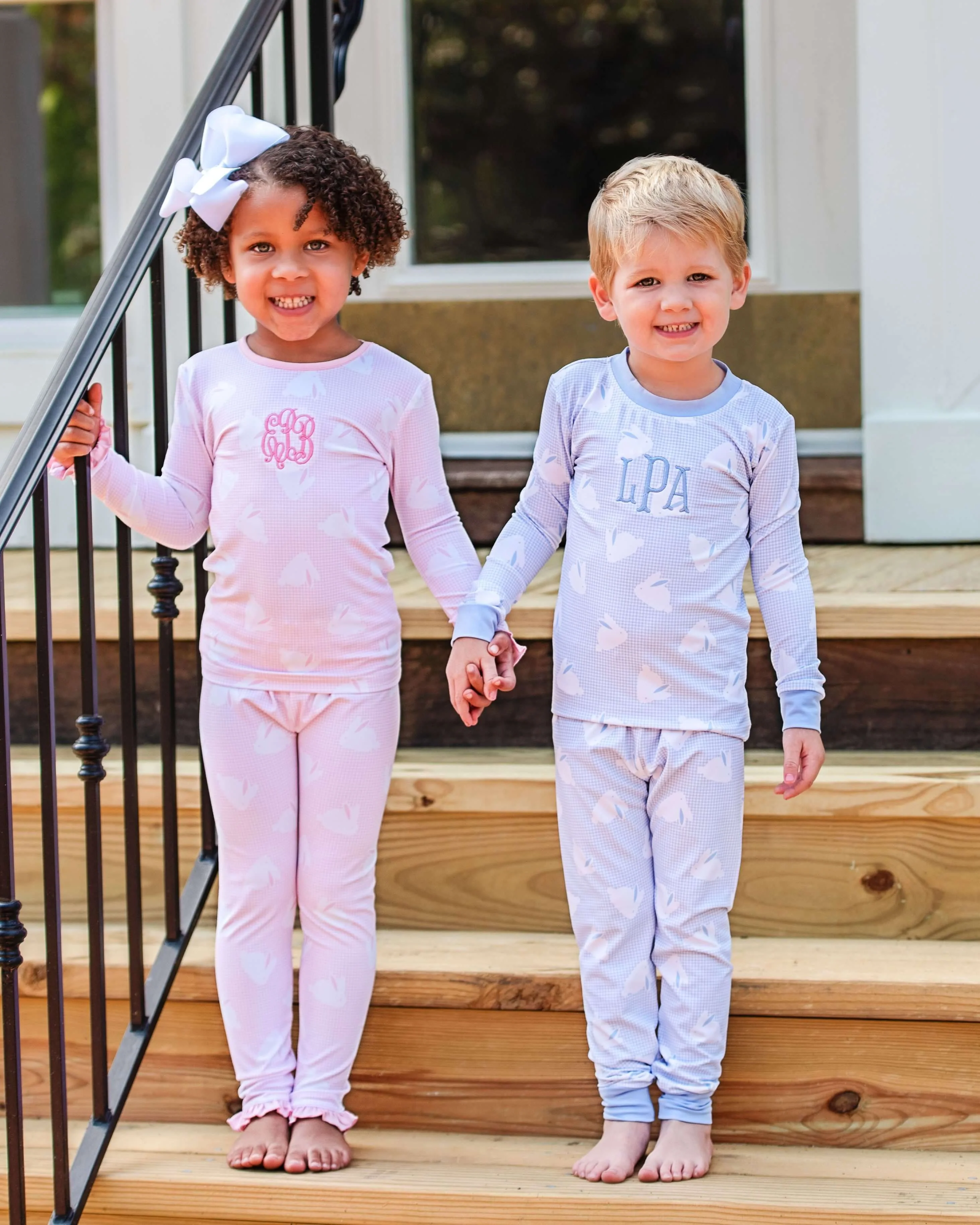 Blue Gingham Bunny Print Knit Pajamas - Image 2