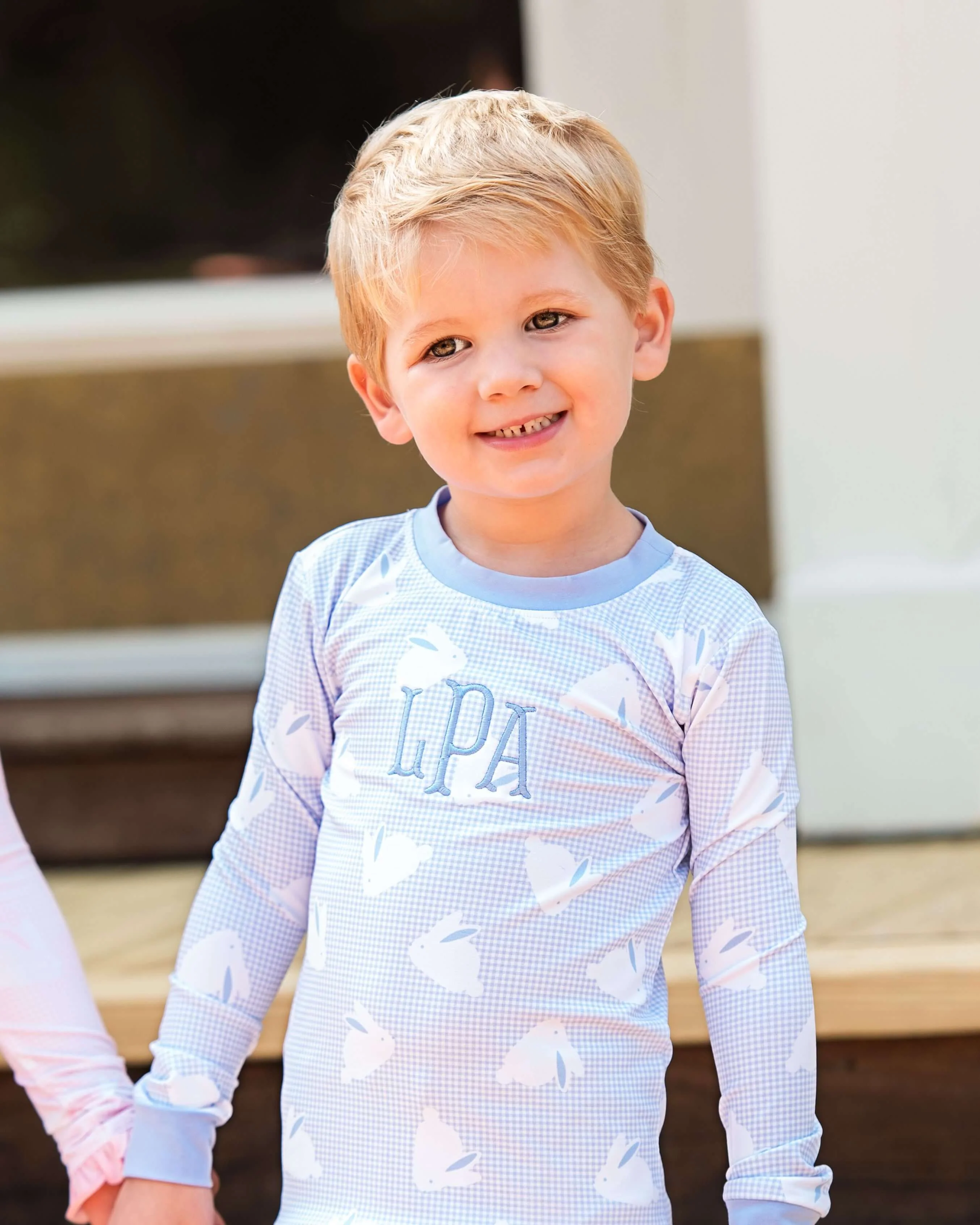 Blue Gingham Bunny Print Knit Pajamas - Image 3