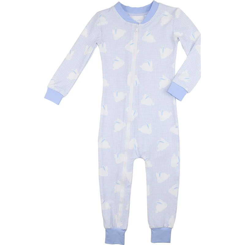 Blue Gingham Bunny Print Knit Zipper Pajamas - Image 2