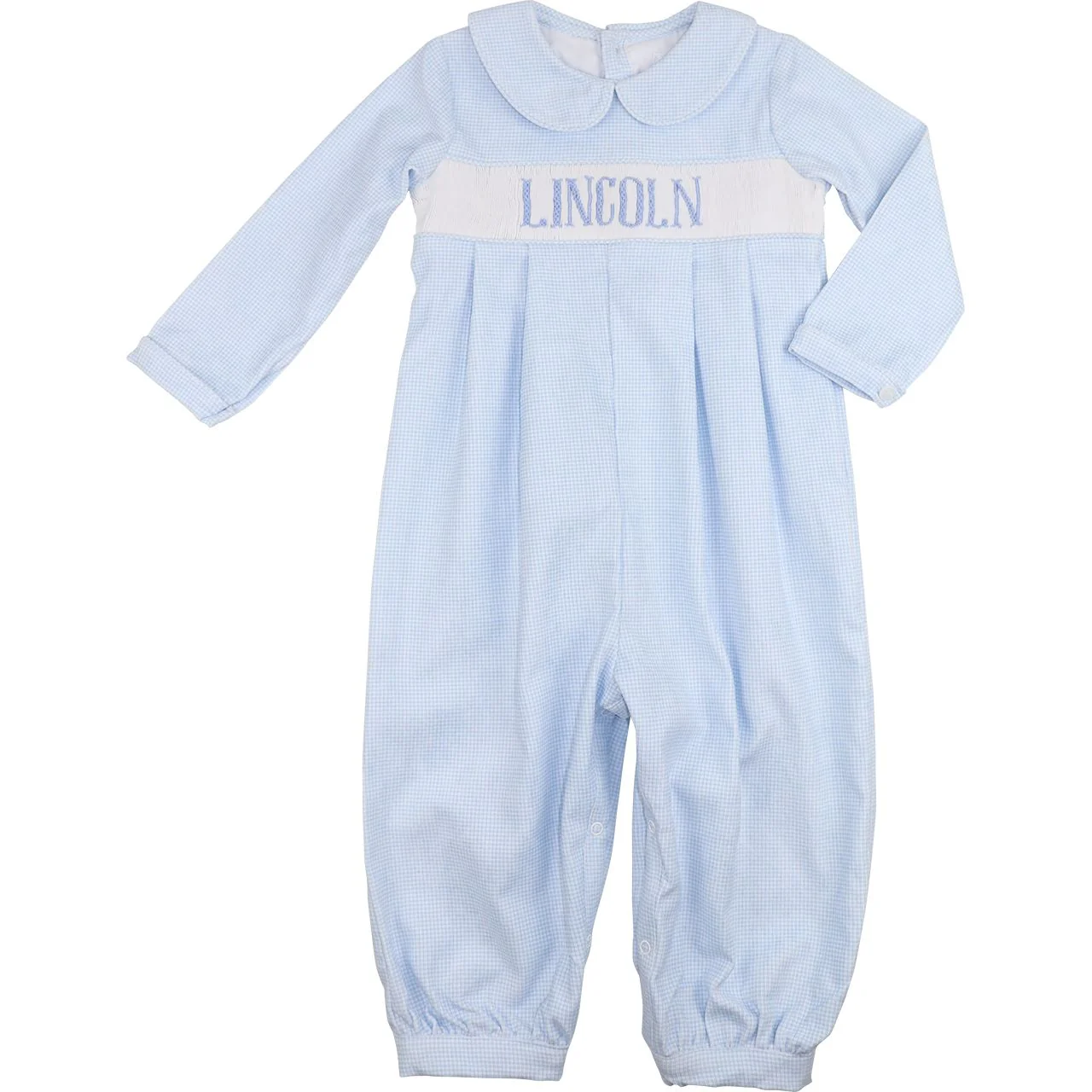 Blue Gingham Corduroy Custom Smocked Long Romper