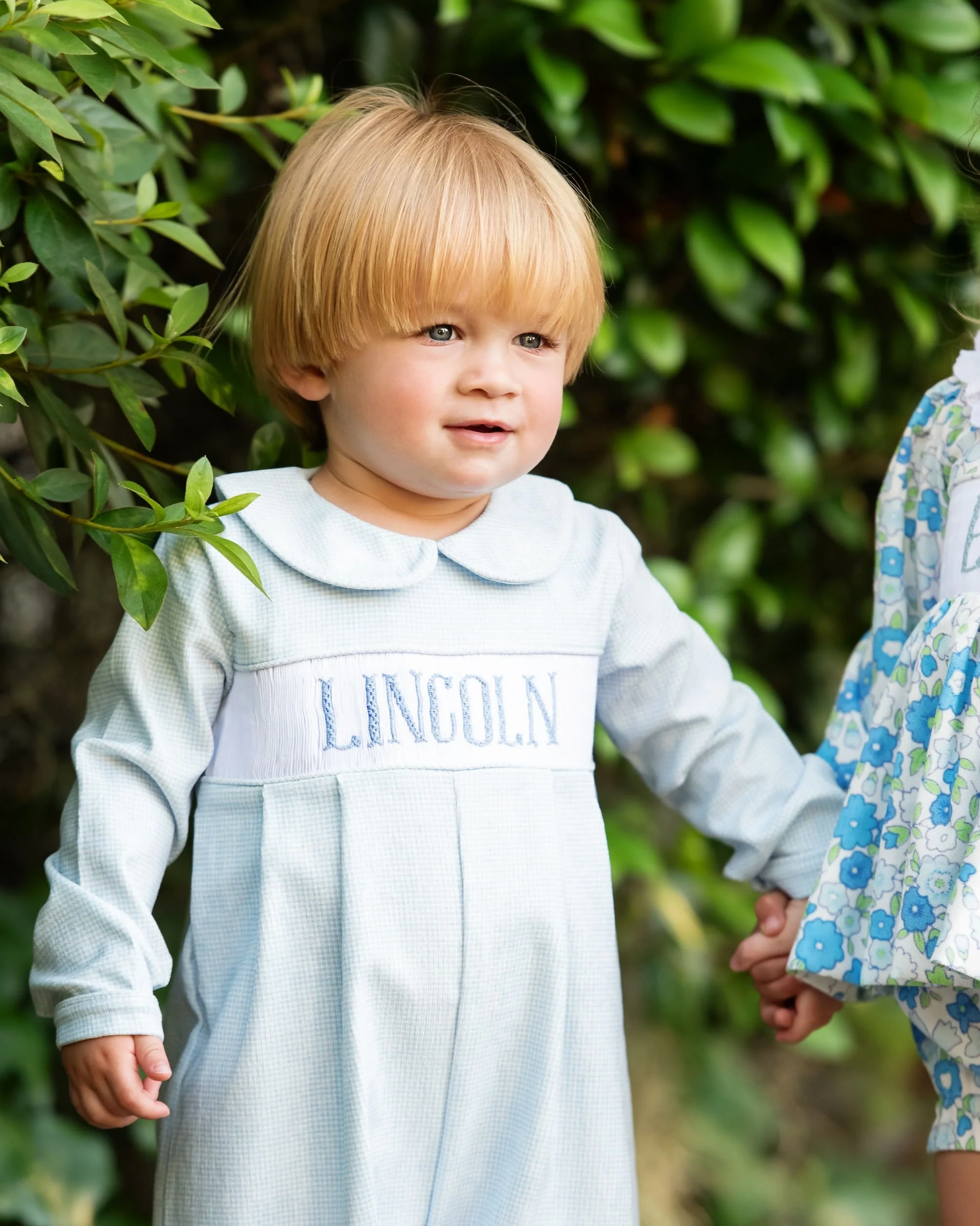 Blue Gingham Corduroy Custom Smocked Long Romper - Image 2