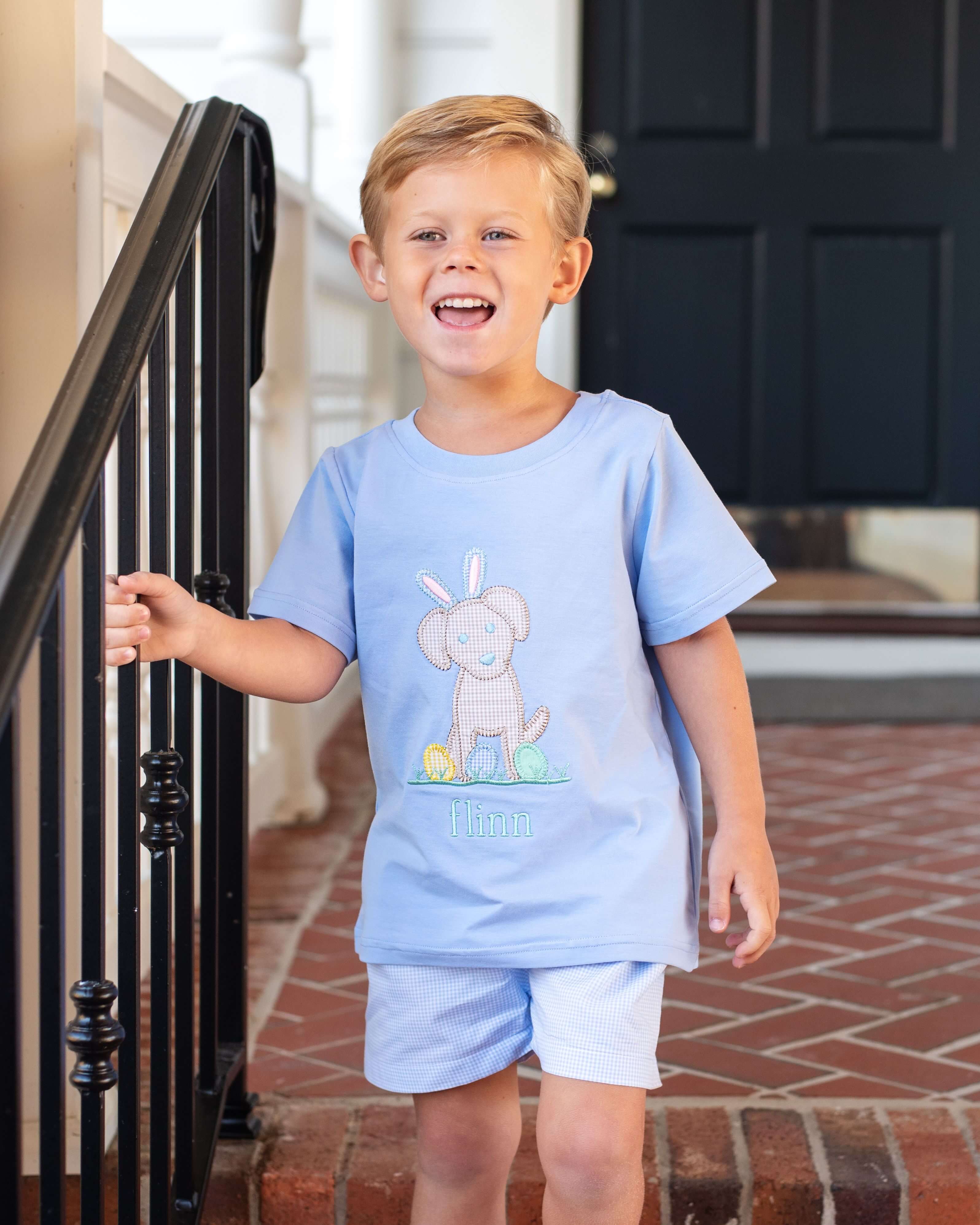 Blue Gingham Easter Applique Puppy Short Set - Image 2