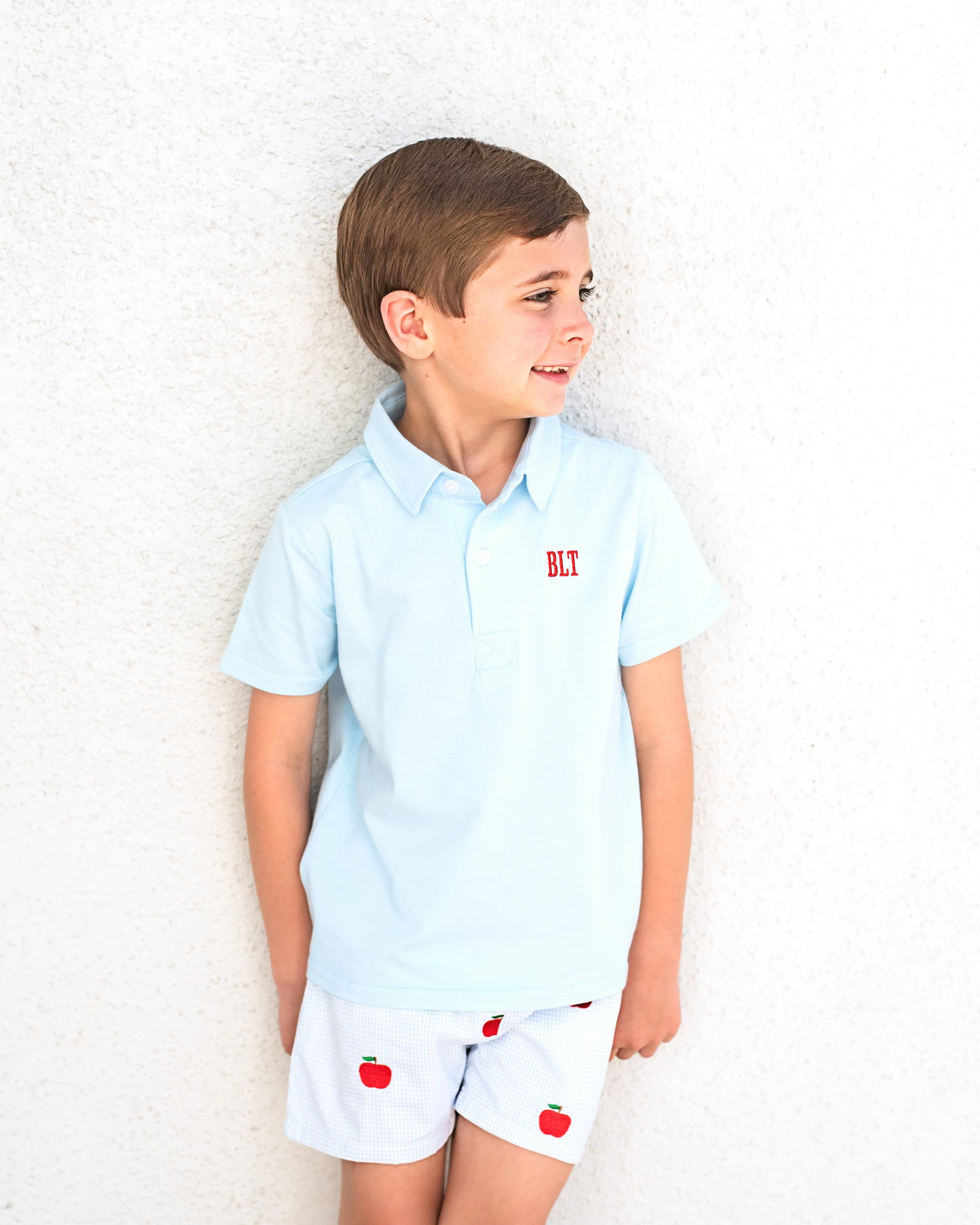 Blue Gingham Embroidered Apple Blue Polo Short Set - Image 2