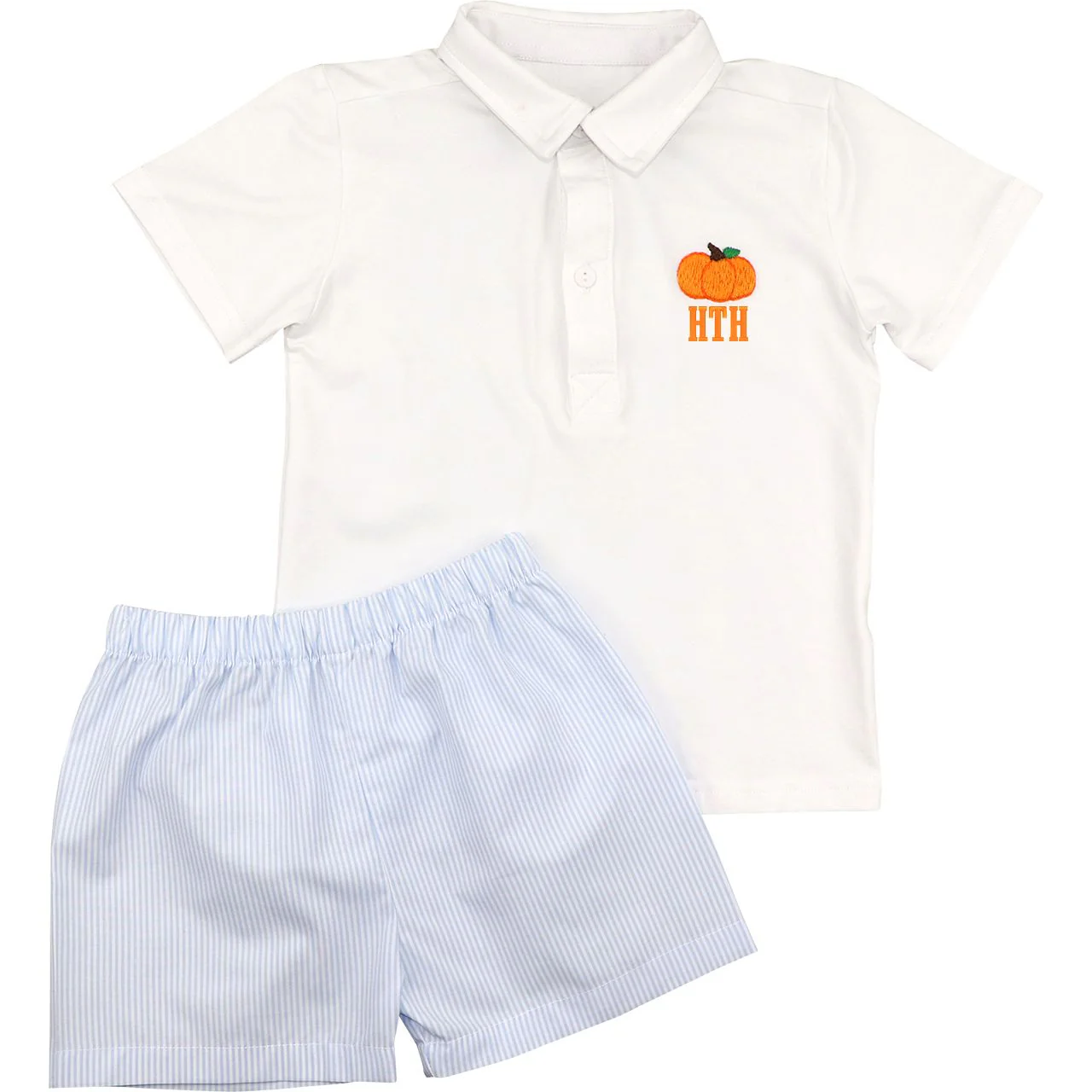 Blue Stripe Embroidered Pumpkin Polo Short Set